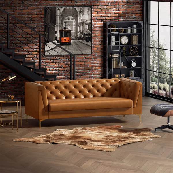 faux leather chesterfield upholstered sofa with metal legs(incomplete)