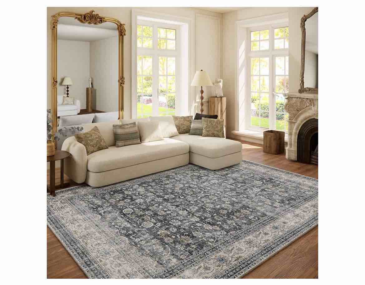 machine washable rugs for living room: 6x9 bedroom rug vintage boho area rug stain resistant non slip low pile lightweight soft carpets for living room dining room kitchen nursery kids room farmhouse 