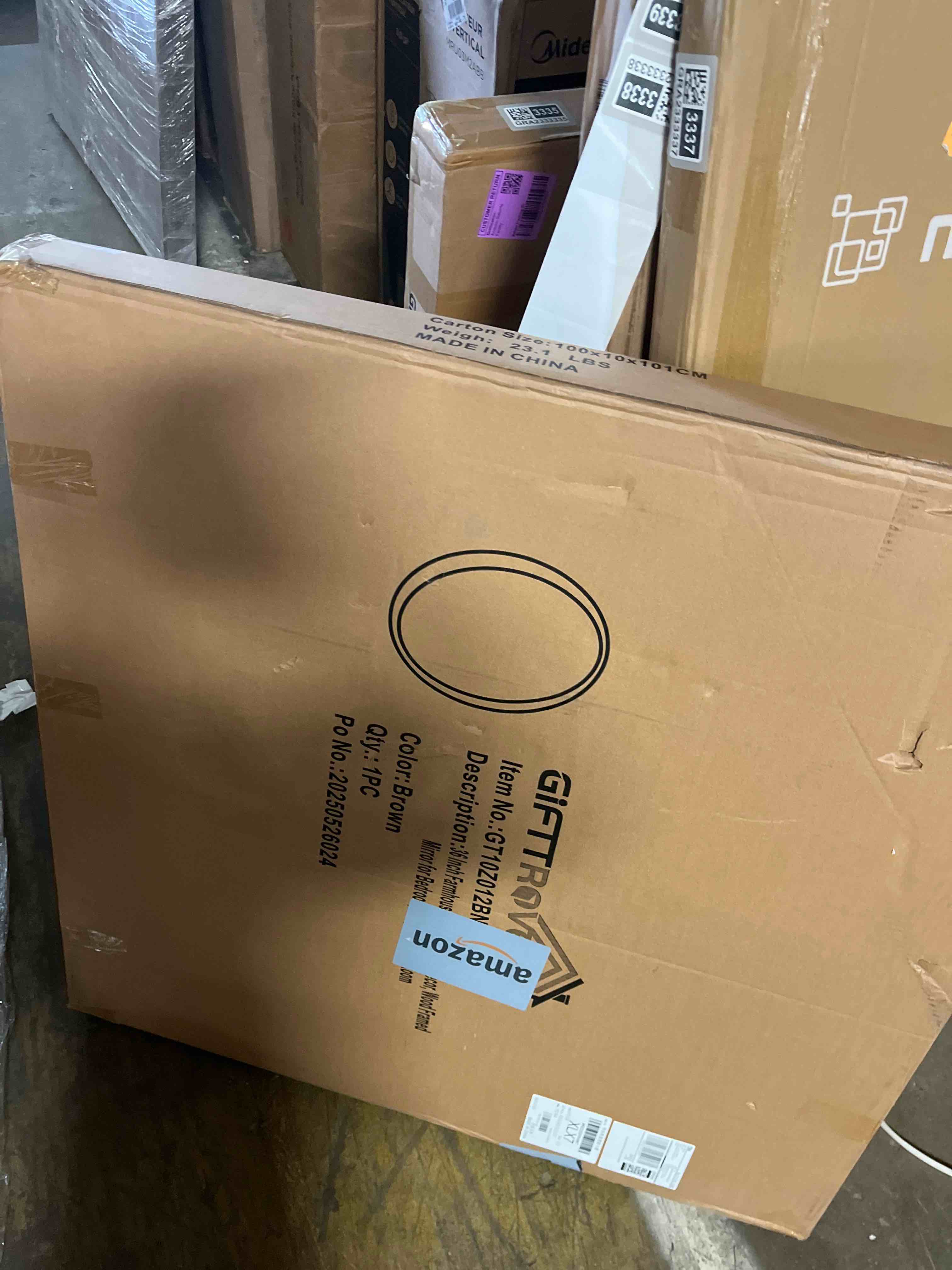 Condition photo showing New/Like New for 36" Bathroom Mirror, Round Wall Mirror with Wood Frame, Farmhouse Mirrors for Wall Decor, Wall-Mounted Mirrors for Bedroom, Living Room, Brown 36"L x 36"W Brown