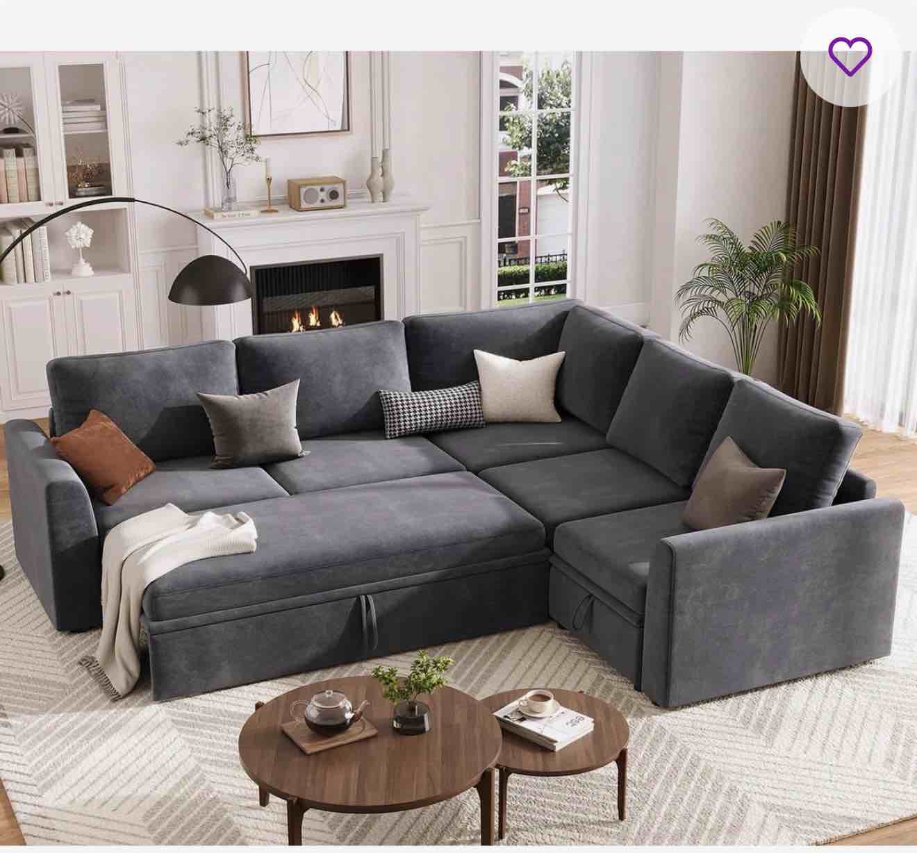 Sectional Sleeper Sofa with Pull Out Bed, Chenille Modular U-Shaped Couch with Storage & Ottoman