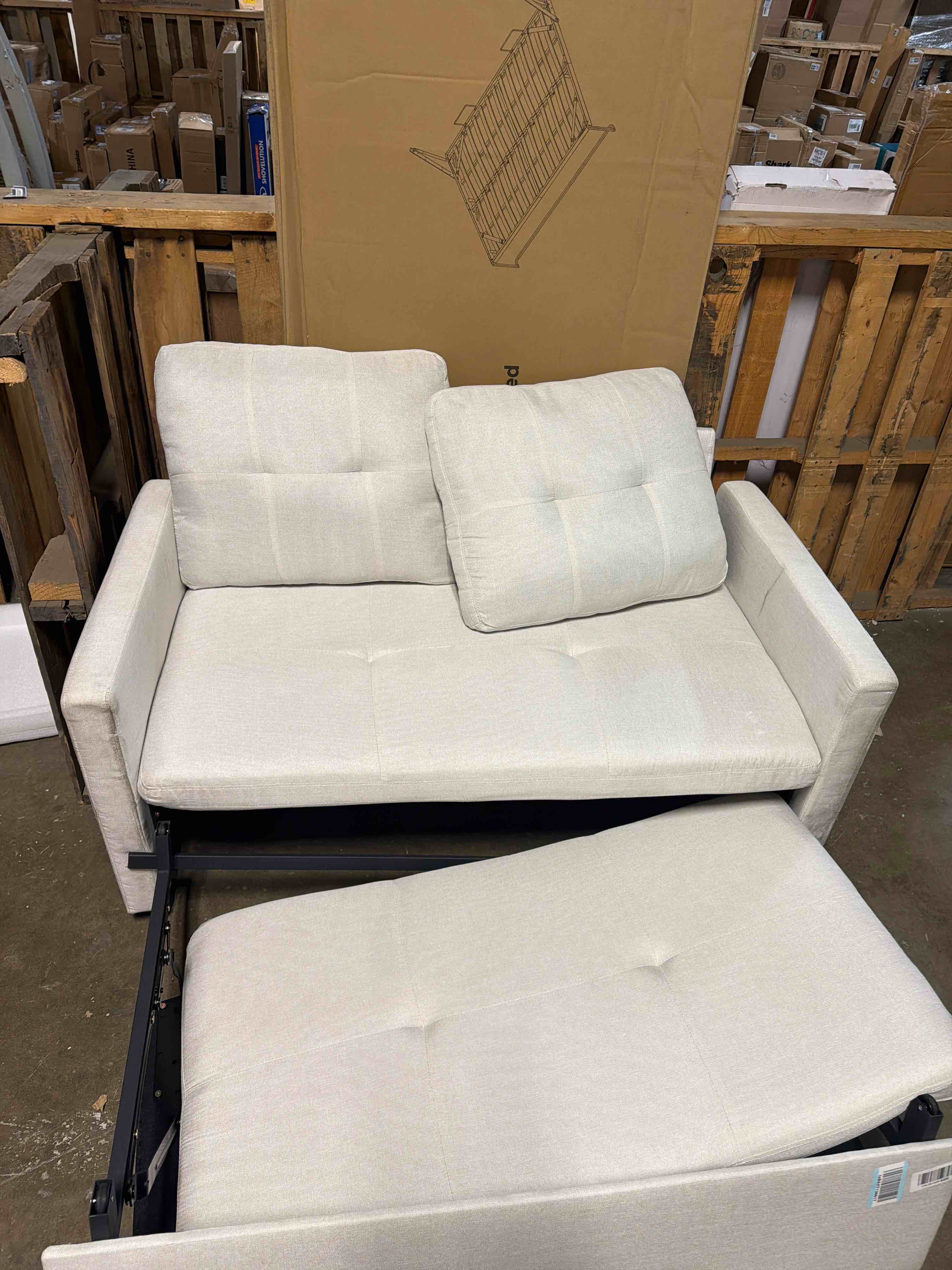 Condition photo showing As Is for Sleeper Sofa Bed, 3 in 1 Convertible Couch Bed Pull Out, Small Loveseat Sleeper Sofa, Futon Sofa Bed, 46" Velvet Love Seat with Pillow and Phone Holder for Living Room, Beige