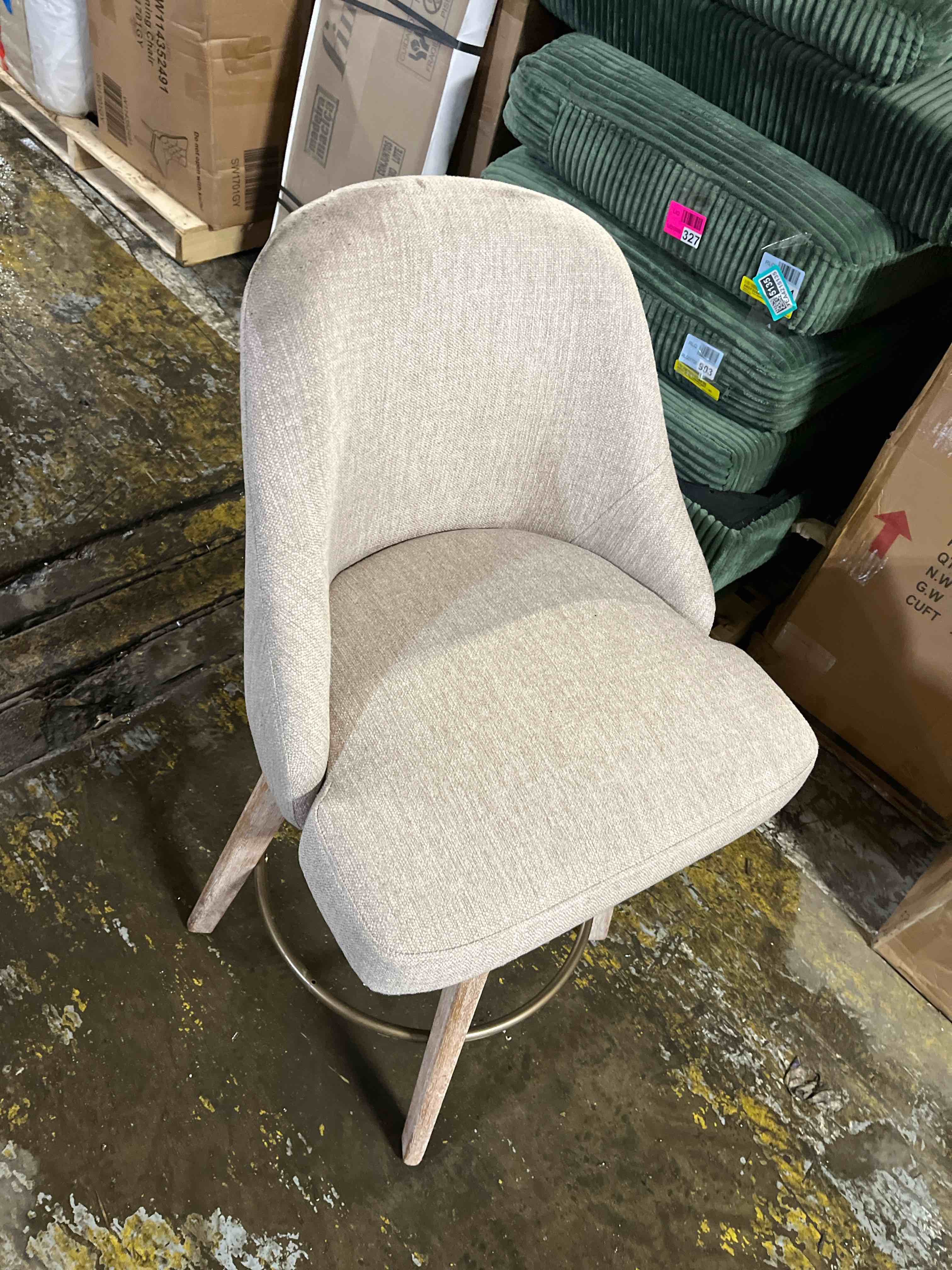 Condition photo showing Good Condition for Counter Height Bar Stool Modern Mid-Century Swivel Barstools with Backs and Wood Legs, Linen Fabric Upholstered Bar Chairs, 26" Seat Height Counter Stools for Kitchen Island, Sand