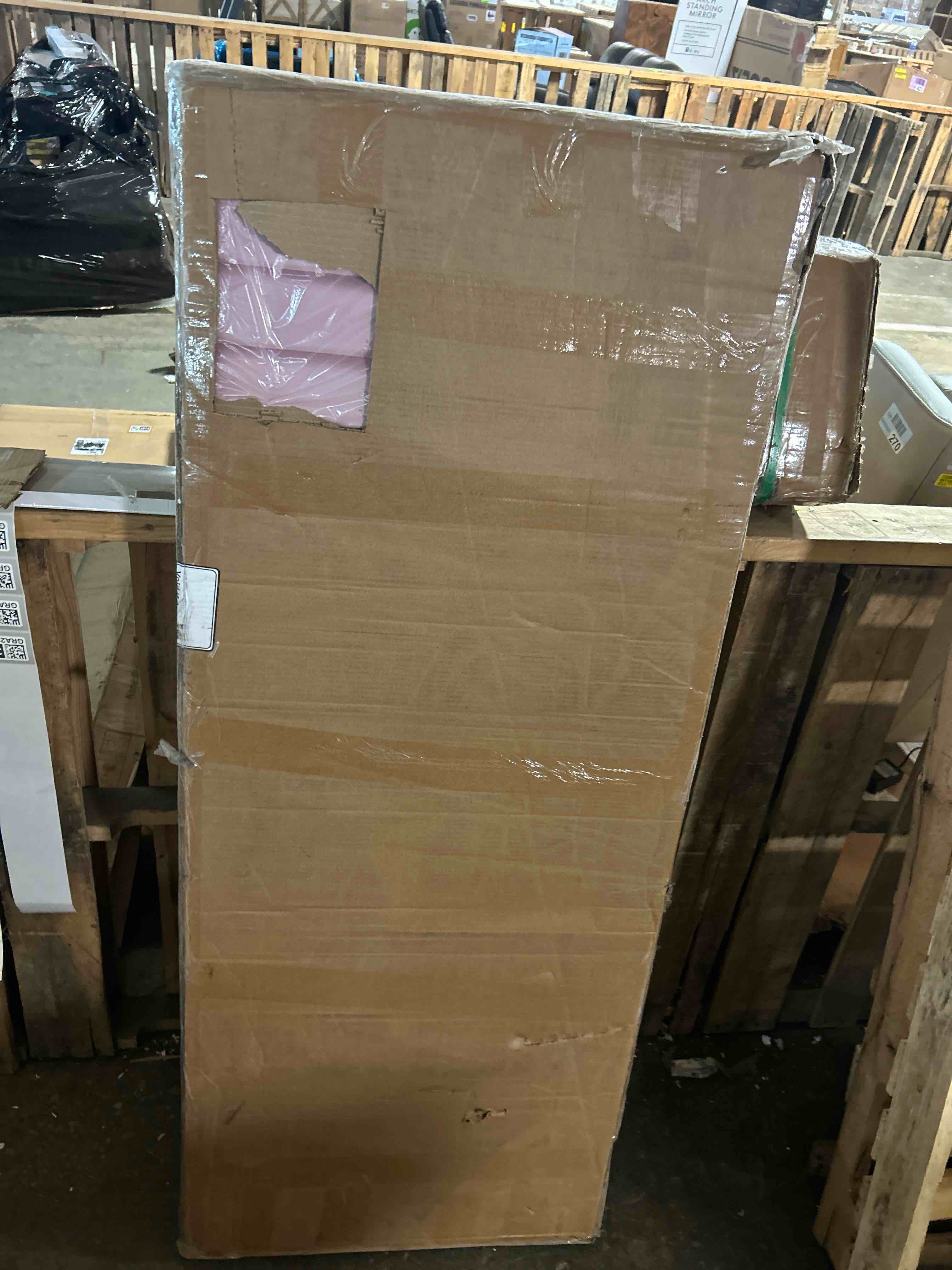 Condition photo showing As Is for Candler Velvet Upholstered Platform Bed with Wingback Headboard incomplete (FOOTBOARD ONLY)