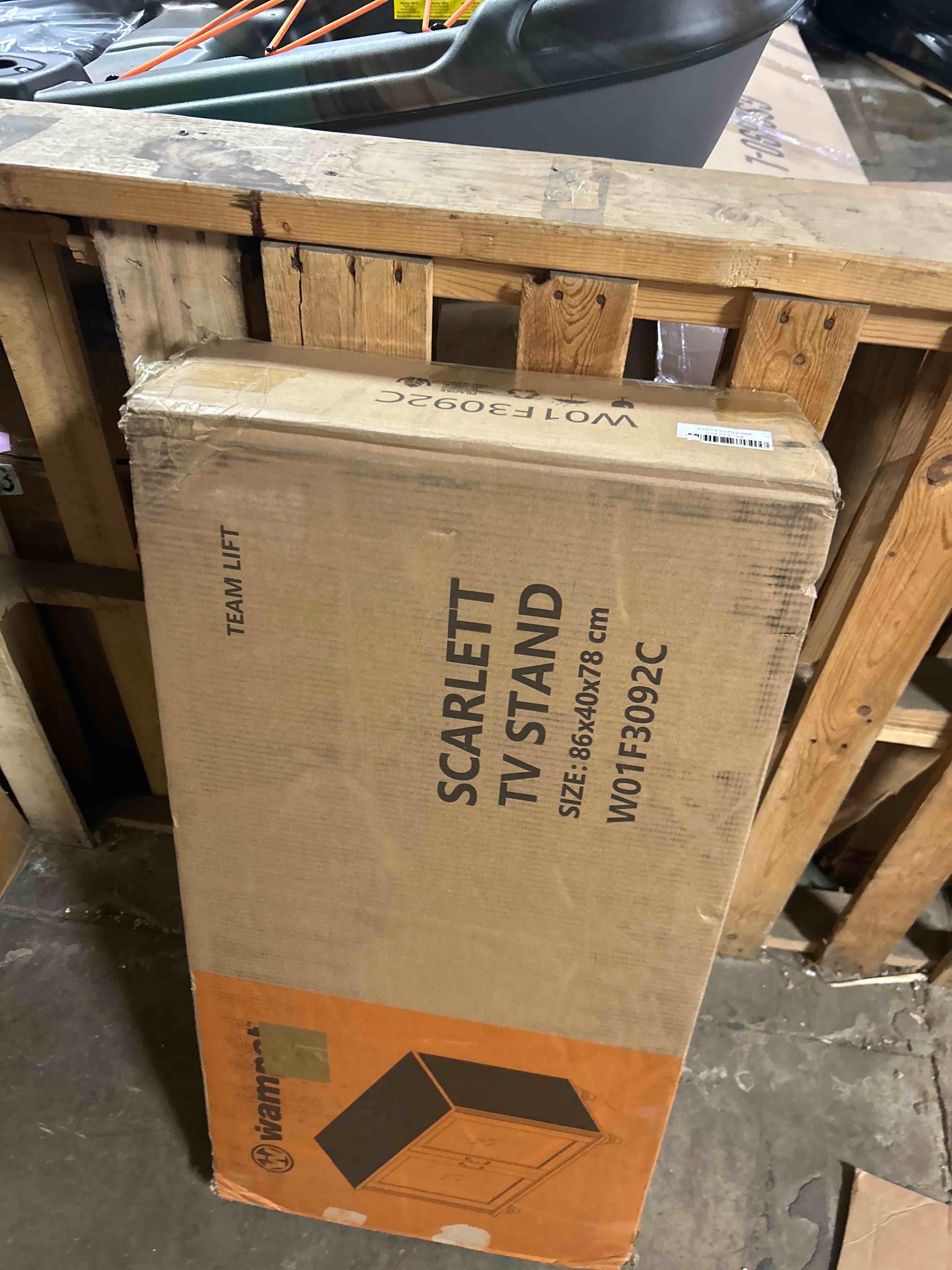 Condition photo showing As Is for WAMPAT 65" Modern Farmhouse TV Stand with Handcrafted Patchwork Doors for 55-75" TVs, Entertainment Center Console with Cable Management, Adjustable Shelves Storage for Living Room, Natural Oak(box 1 of 2)