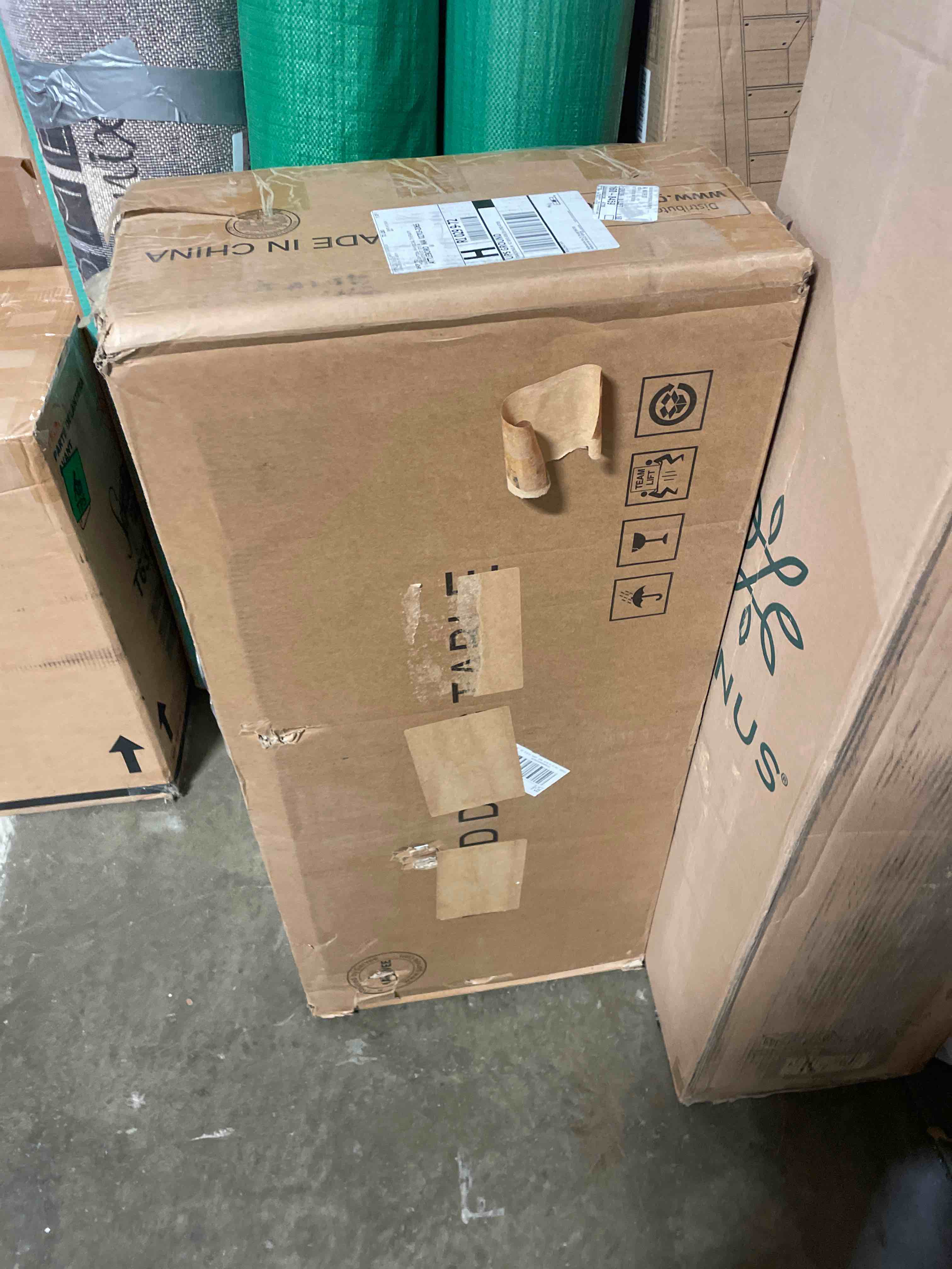 Condition photo showing New/Like New for Farmhouse Entryway Table with 2 Sliding Barn Doors & Drawer, 46'' Rustic Console Table with Storage, Open Shelf Space, Industrial Sofa Table for Living Room, Entryway, Hallway, Vintage White