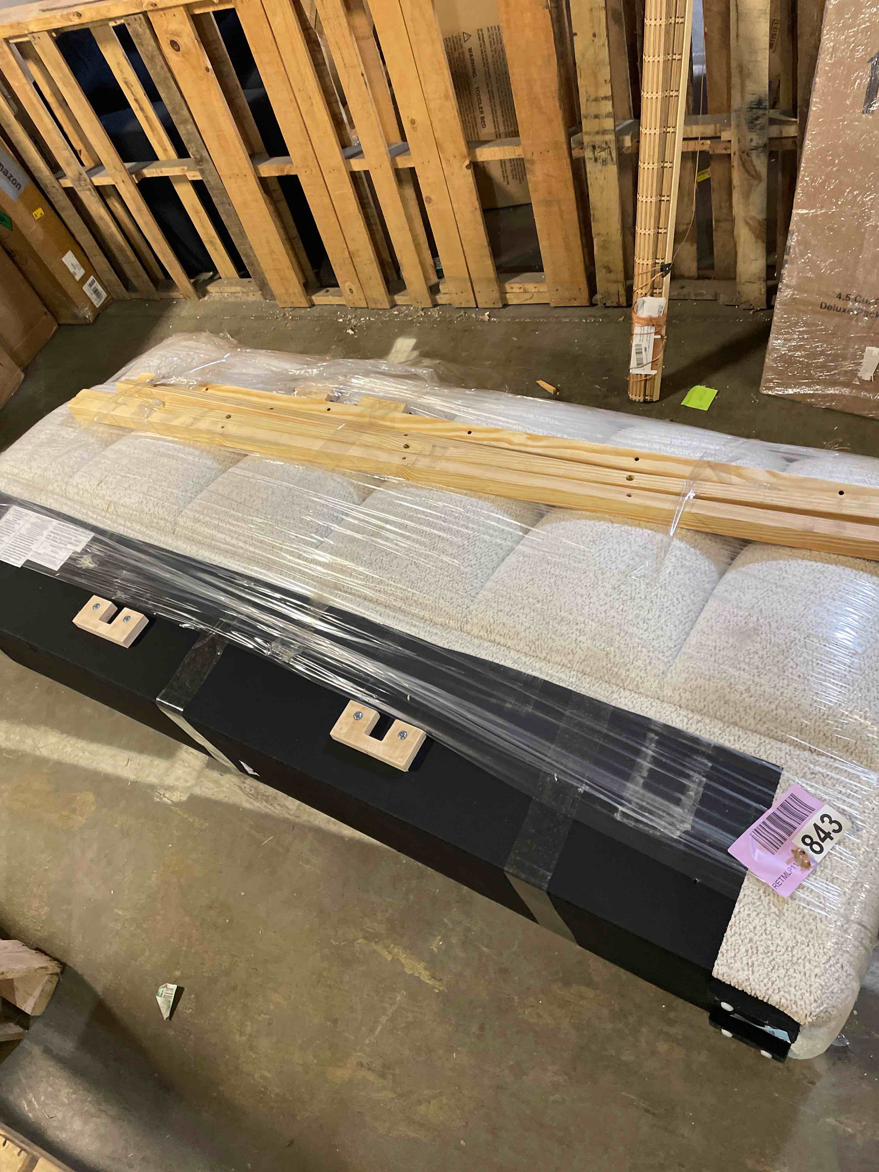 Condition photo showing As Is for King Size Bed Frame,King Size Platform Bed Frame and Velvet Upholstered Headboard with Strong Wood Slats, Box Spring Optional, Mattress Foundation, Easy Assembly Beige (only headboard)