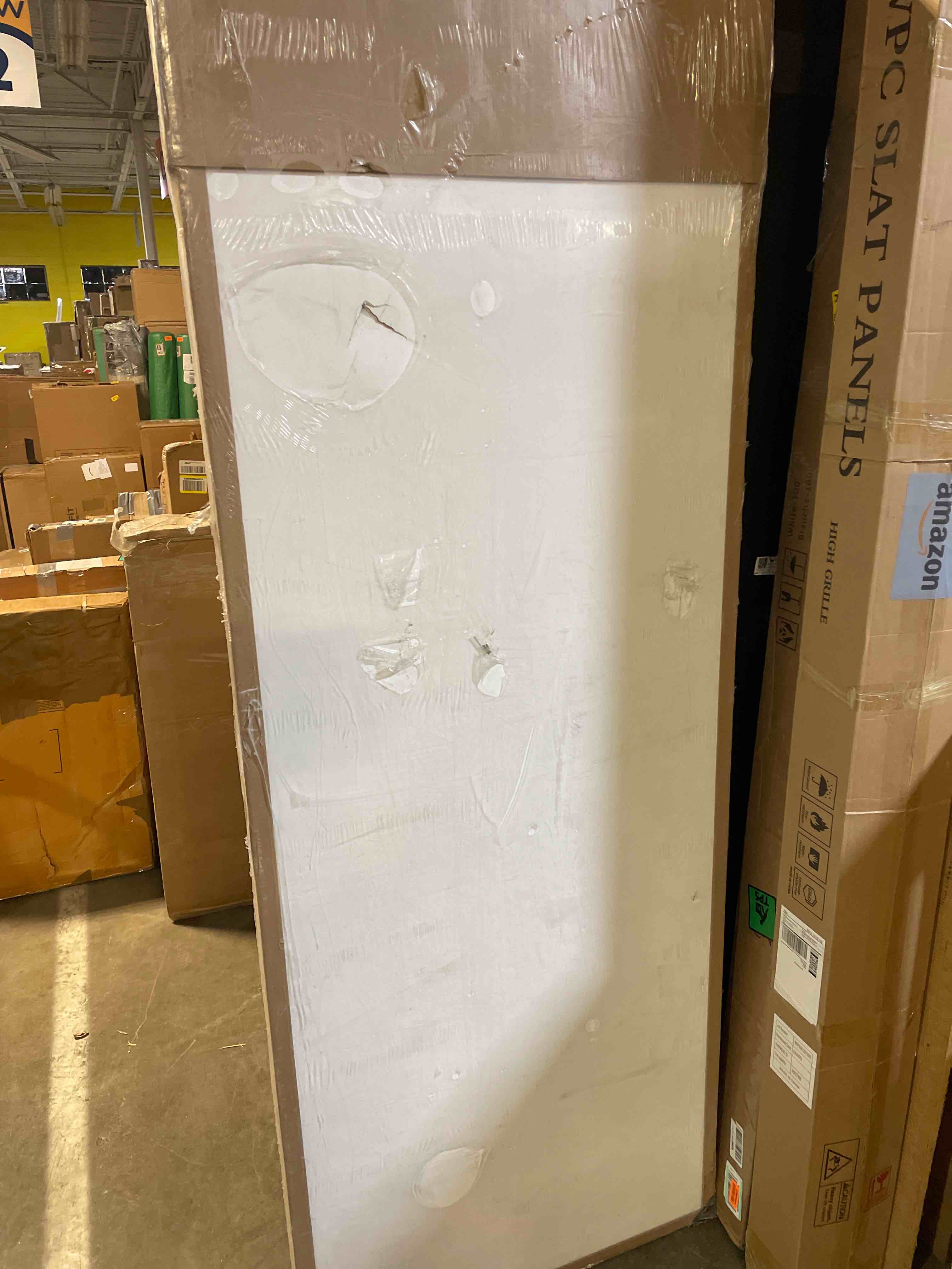 Condition photo showing As Is for Fredbeck 36x84 inch White Barn Door with 6.6FT Sliding Door Hardware Kit Included & Handle,Solid,MDF,PVC Surface,DIY Assembly,5-Panel,Fit 33in-34in Opening ( damaged )