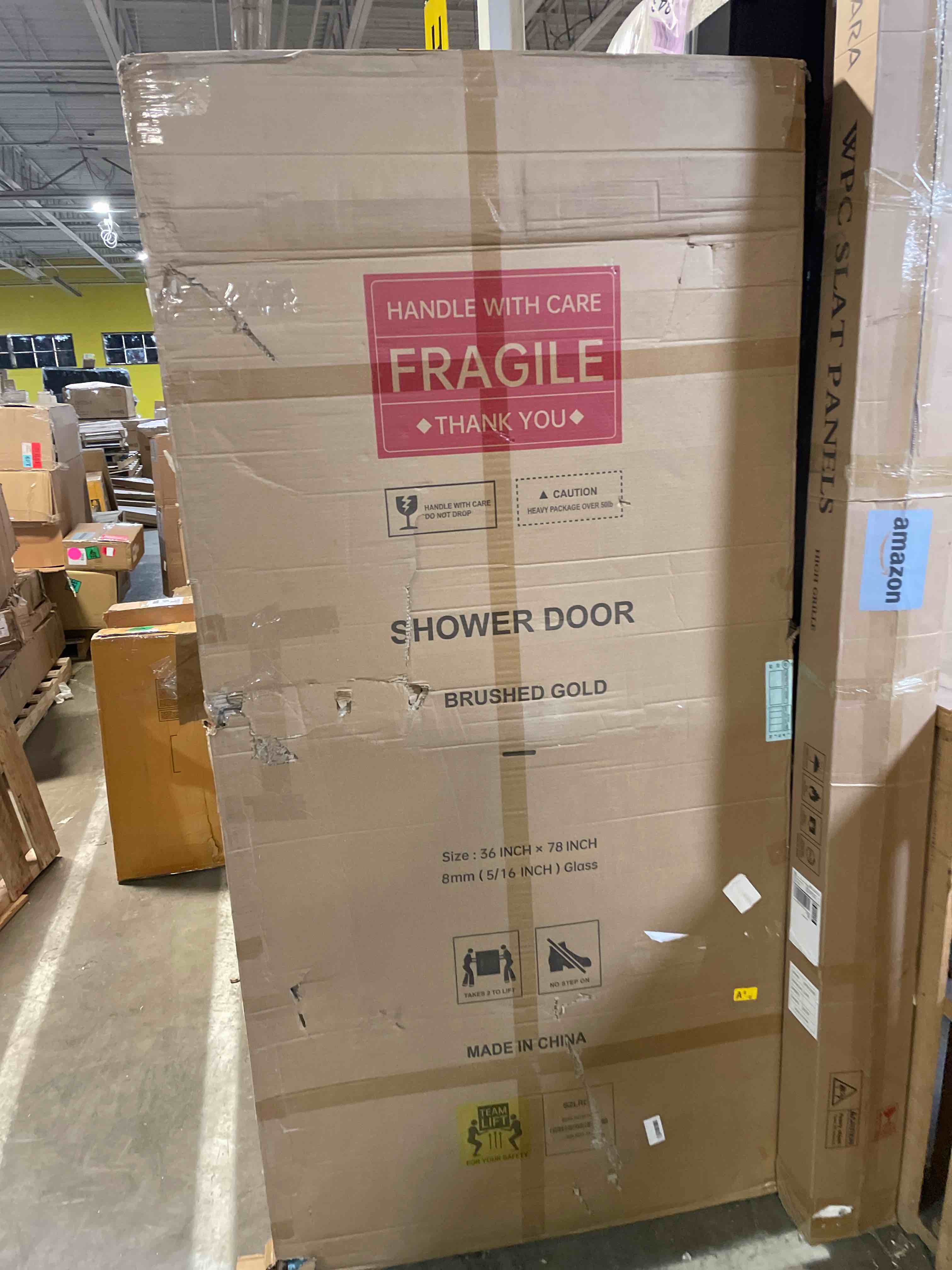 Condition photo showing New/Like New for Shower Glass Door Panel, 36" W x 78" H Framless Bathroom Fixed Glass Shower Door Panel Durable and Stable 5/16"(8mm) Clear Tempered Door with Fixed Clamps Bathroom Shower Screen (Brushed Gold)
