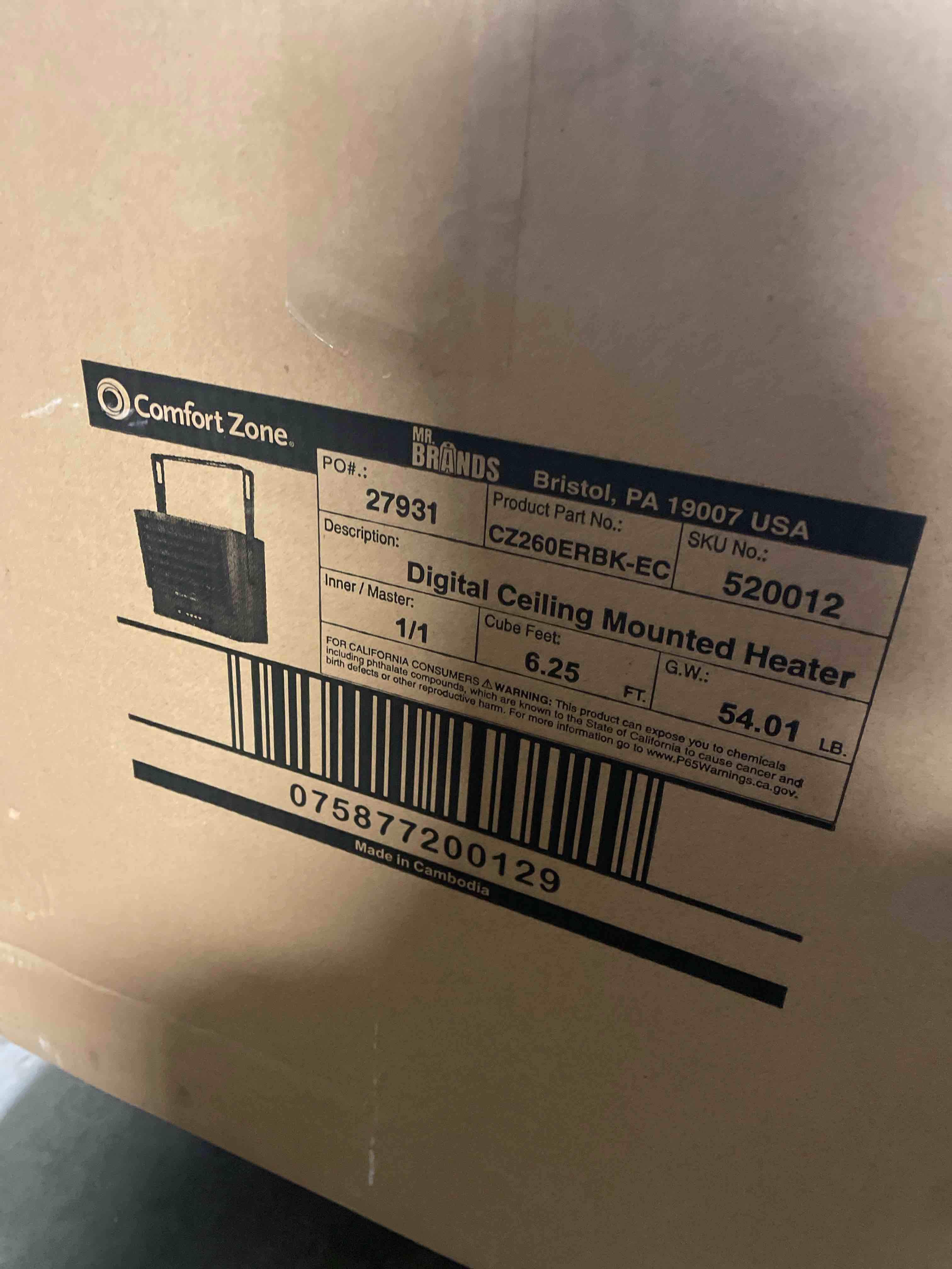 Condition photo showing New/Like New for Comfort Zone Garage Heater, 10,000-Watt, Ceiling Heater, Remote Control, 12H Timer, Digital Display, 240V Electric Garage Heater for Indoor Use, Ceiling Mounted Shop Heater, Overheat Protection, Black