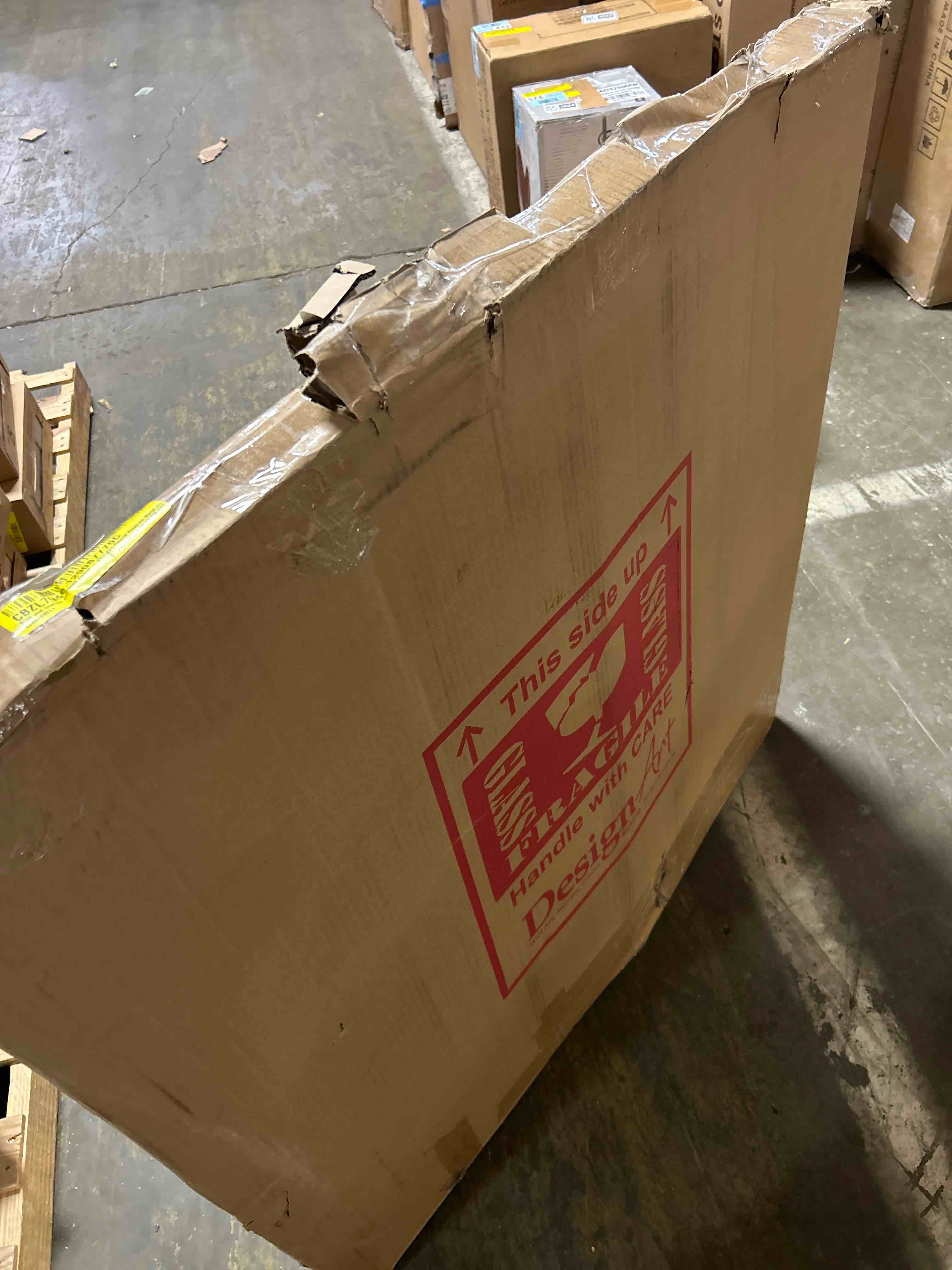 Condition photo showing As Is for Blue and Orange Collaged Spiral  Abstract Round Print on Metal Art(Bent)