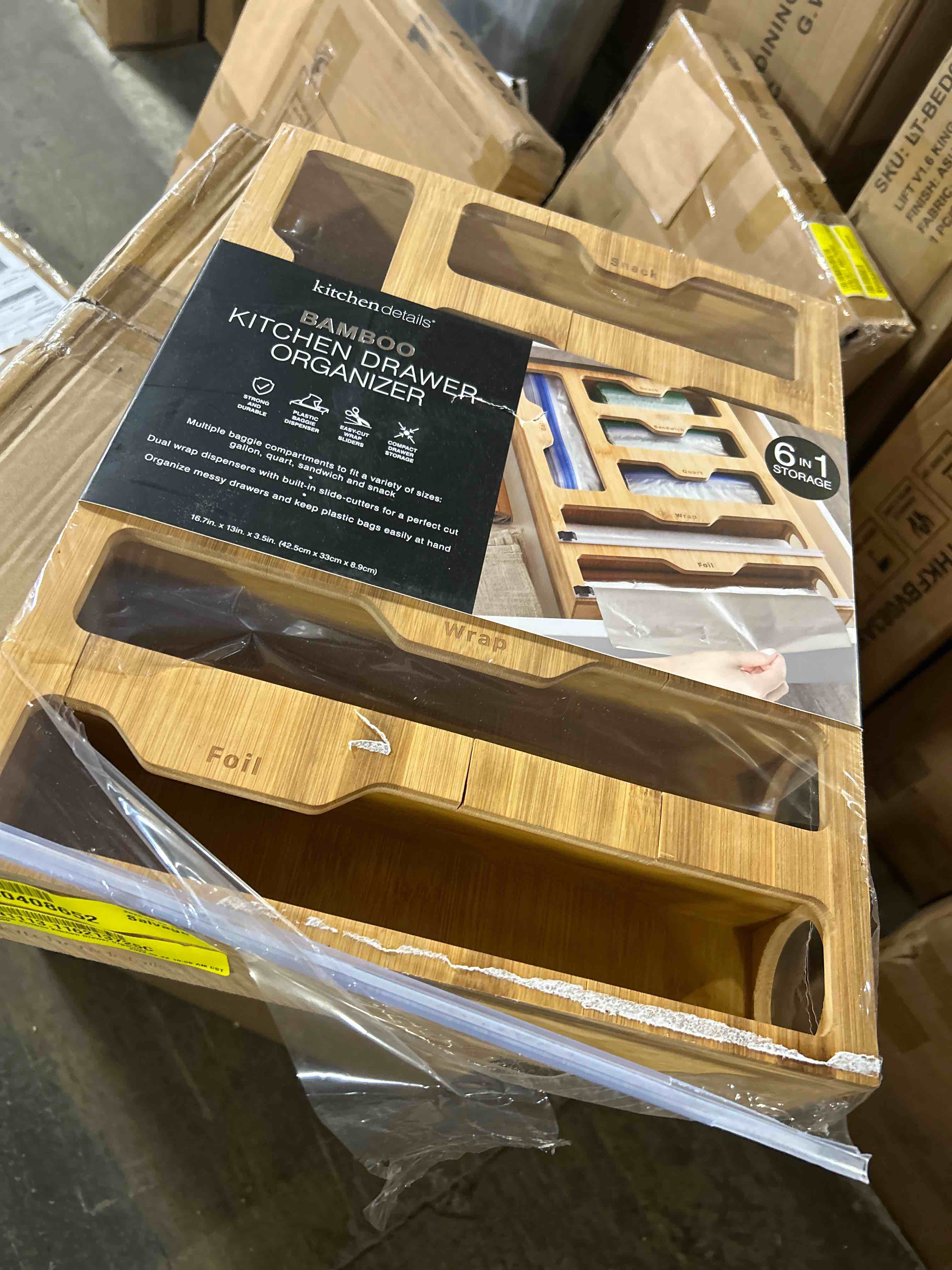 Condition photo showing As Is for Ziplock Bag Organizer - Bamboo, 6 in 1 Wrap Dispenser with Cutter, Perfect for Gallon, Quart, Sandwich & Snack Bag, Cling Film, Aluminum Foil etc; Compatible with 12" Kitchen Rolls(similar wood broken at the bottom)