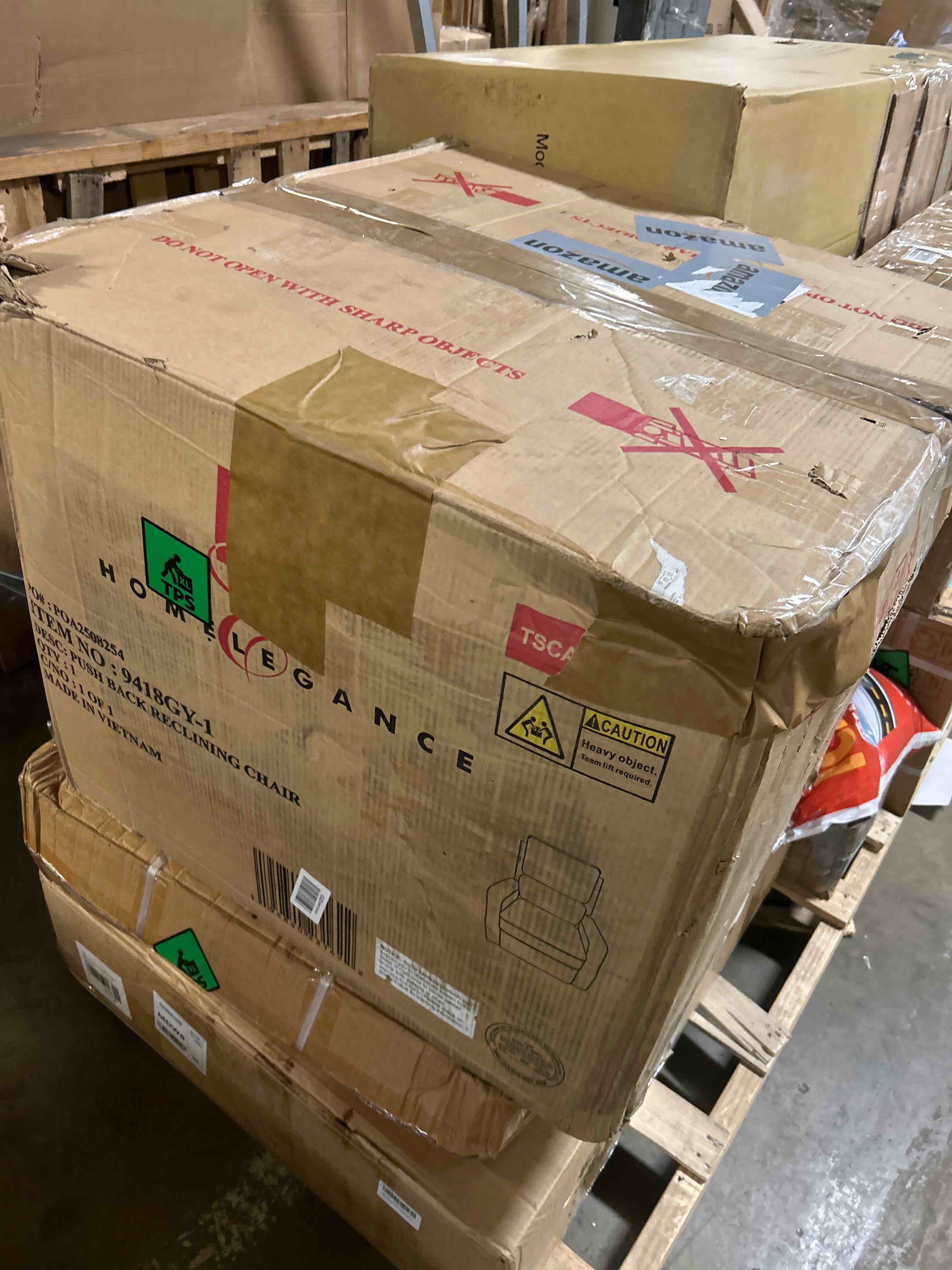 Condition photo showing Good Condition for Lexicon Push Back Recliner Chair, Faux Leather Upholstered Reclining Chair with Footrest, Exposed Dark Brown Finish Wood Frame, Small Recliner for Small Space, Living Room, Bedroom, Light Beige(box damaged )