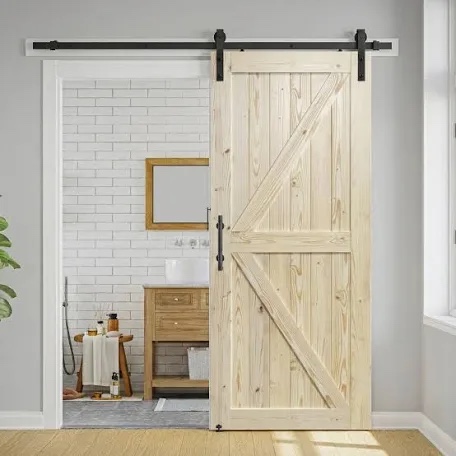 paneled solid wood unfinished barn door with installation hardware