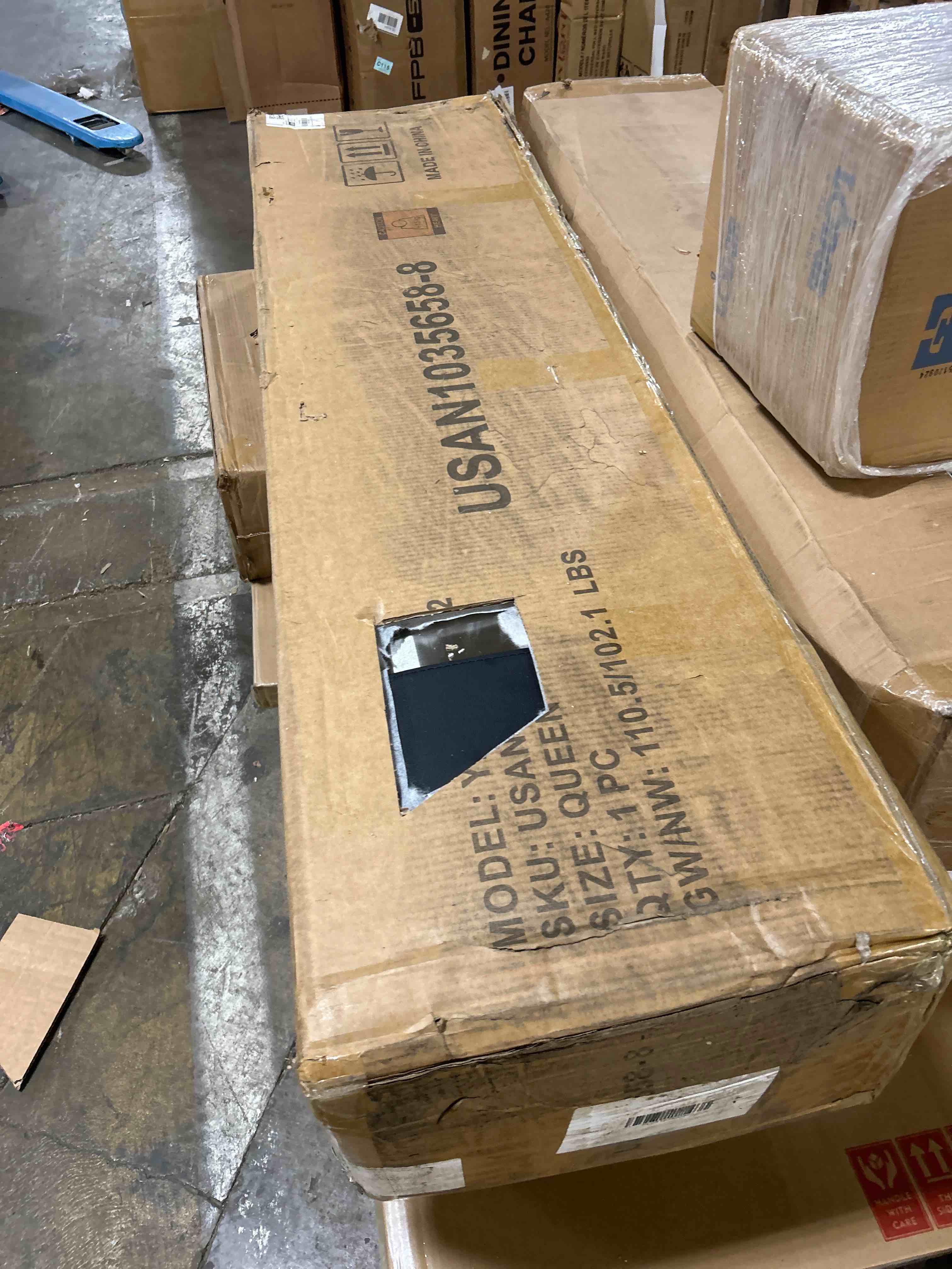 Condition photo showing As Is for HOWE Queen Size Upholstered Bed Frame, Wingback Platform Bed with 50.8" Headboard, Corduroy/Solid Wood Leg/No Box Spring Needed/Noise Free/Black(ripped)