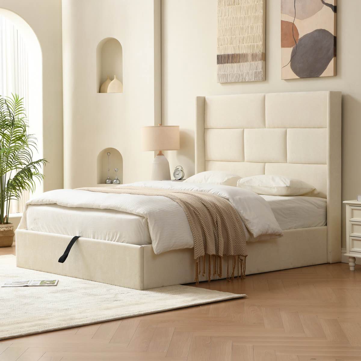 Braya Hydraulic Lift and Storage Upholstered Flat Bed with High Headboard