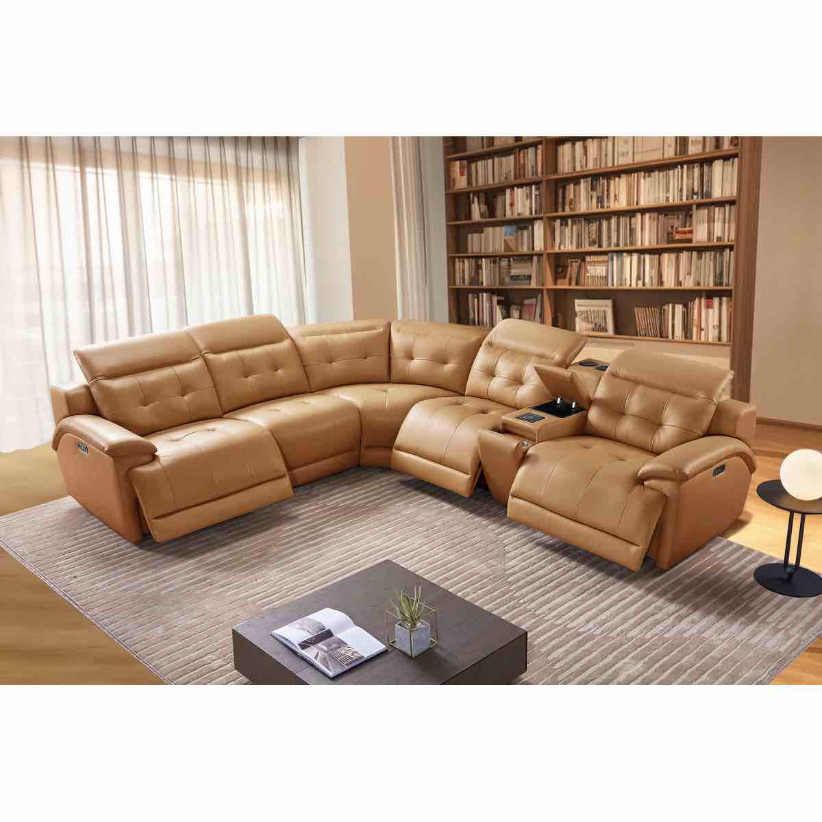 power reclining leather corner recliner sofa with bluetooth aduio & storage & wirless charging & cup holders