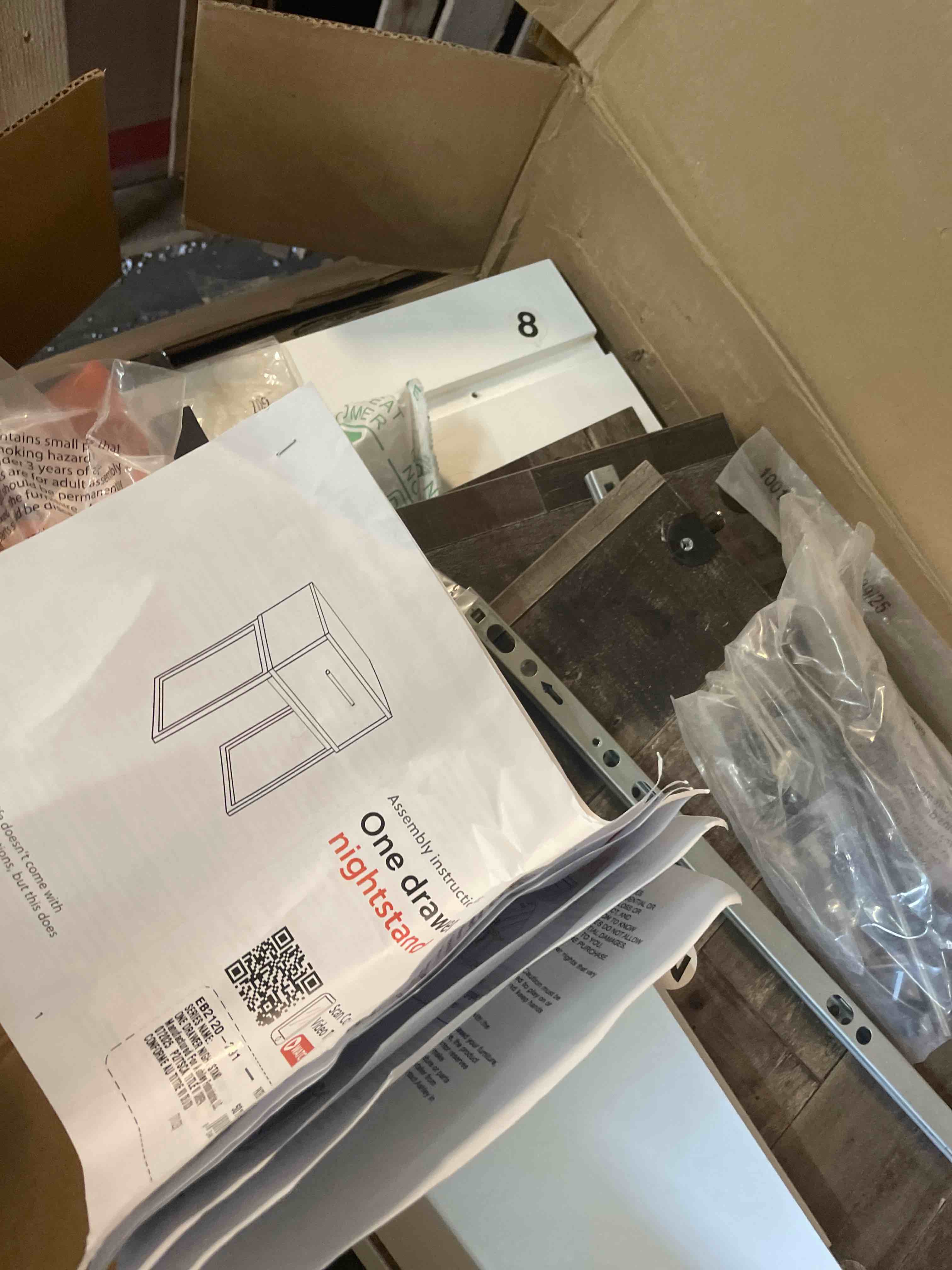 Condition photo showing As Is for Nightstand with Charging Station, Modern Bedside Table with Drawer and Legs,White and Black Night Stand with Open Shelf, Narrow Side Table for Bedroom, Living Room
