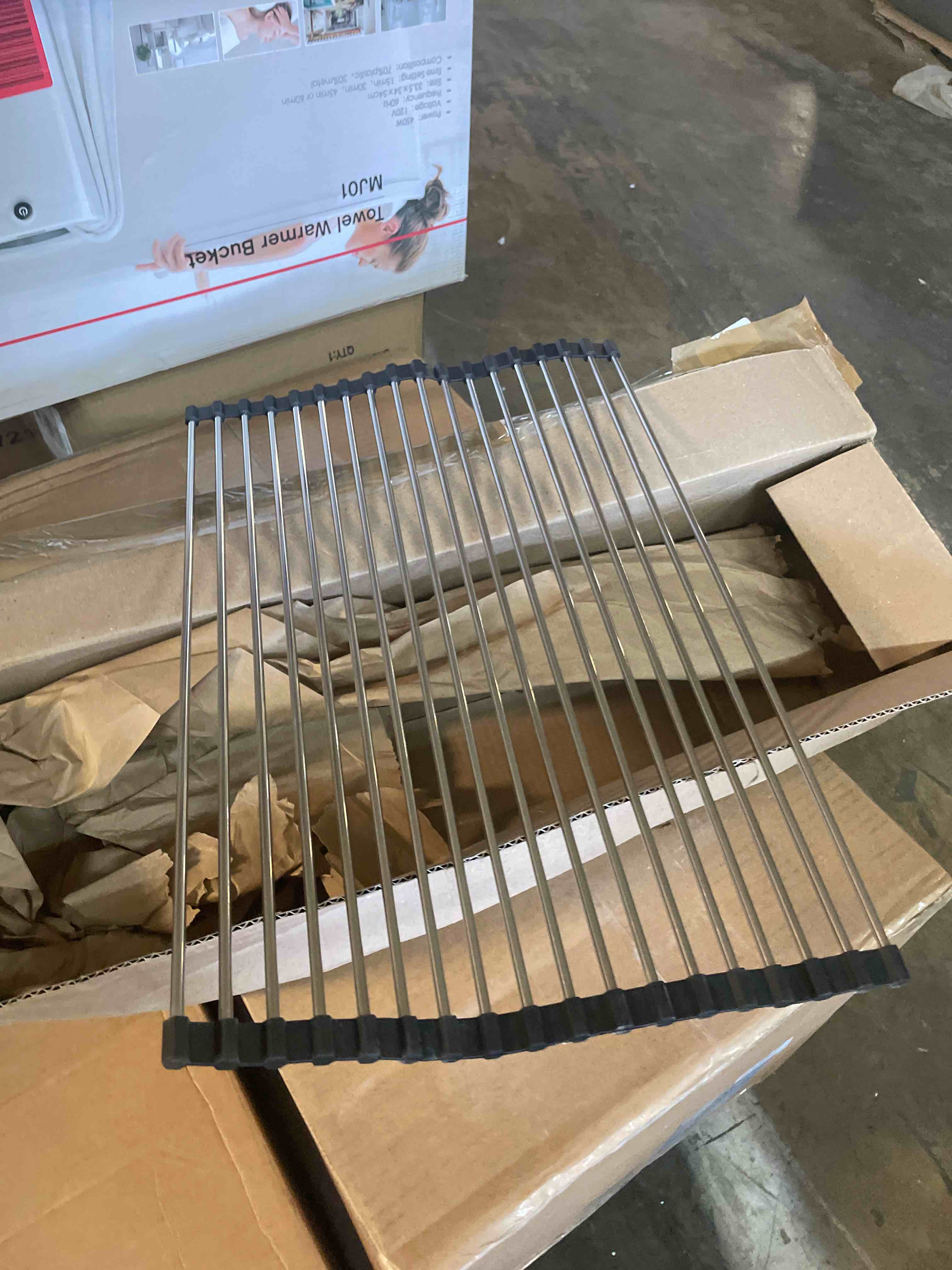 Condition photo showing New/Like New for Tomorotec 17.7" x 15.5" Roll Up Dish Drying Rack Over Sink Drying Rack Sink Cover Kitchen Sink Accessories Gadget Multipurpose Organizer Foldable Stainless Steel Drainer Black 17.7 x 15.5 in