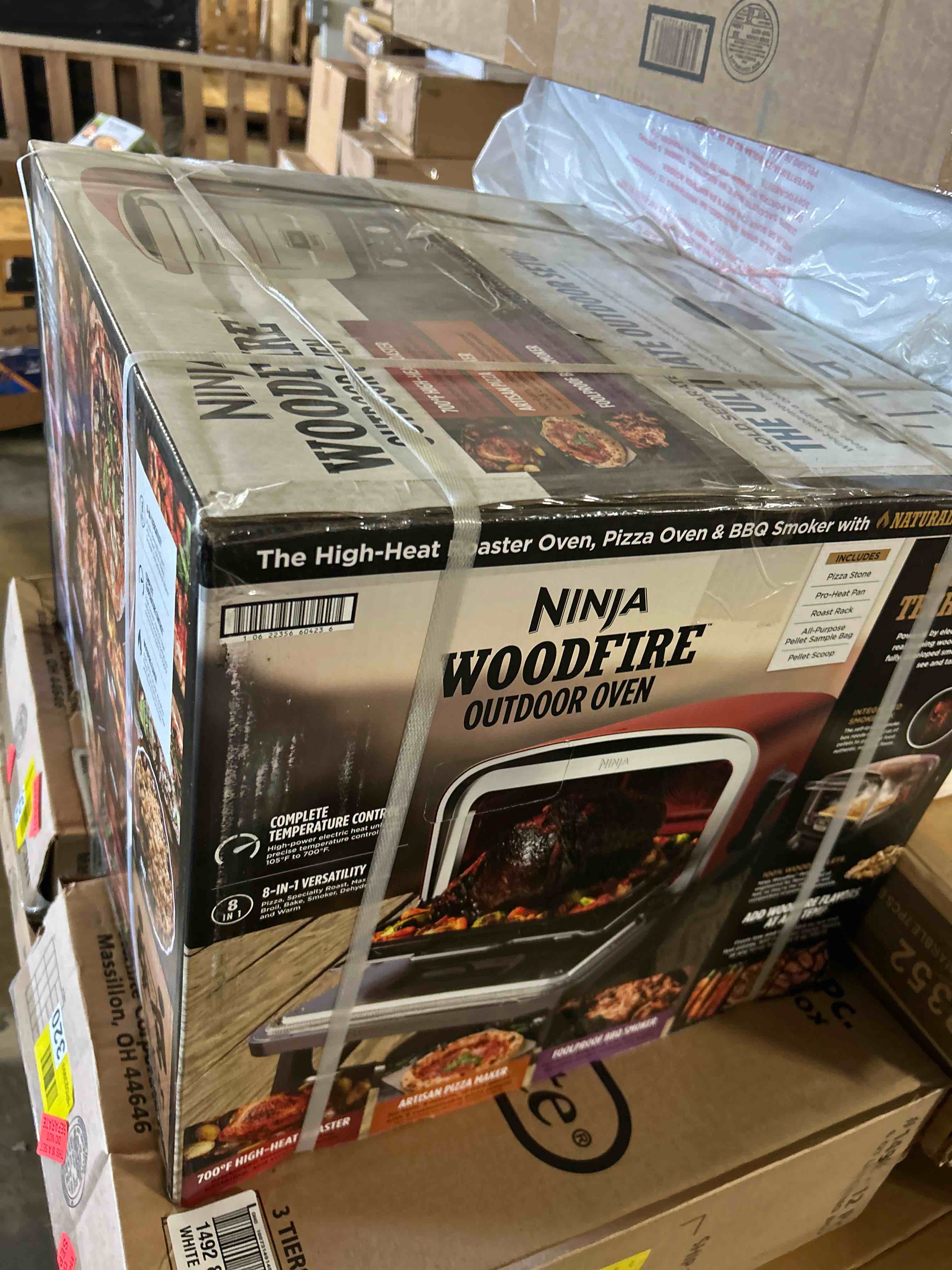 Condition photo showing New/Like New for Ninja Woodfire Outdoor Pizza Oven, 8-in-1 Portable Electric Roaster Oven, Heats up to 700°F, 5 Artisan Pizza Settings, Integrated BBQ Smoker Box, Includes Flavored Wood Pellets, Terracotta Red Pizza Oven + Smoker