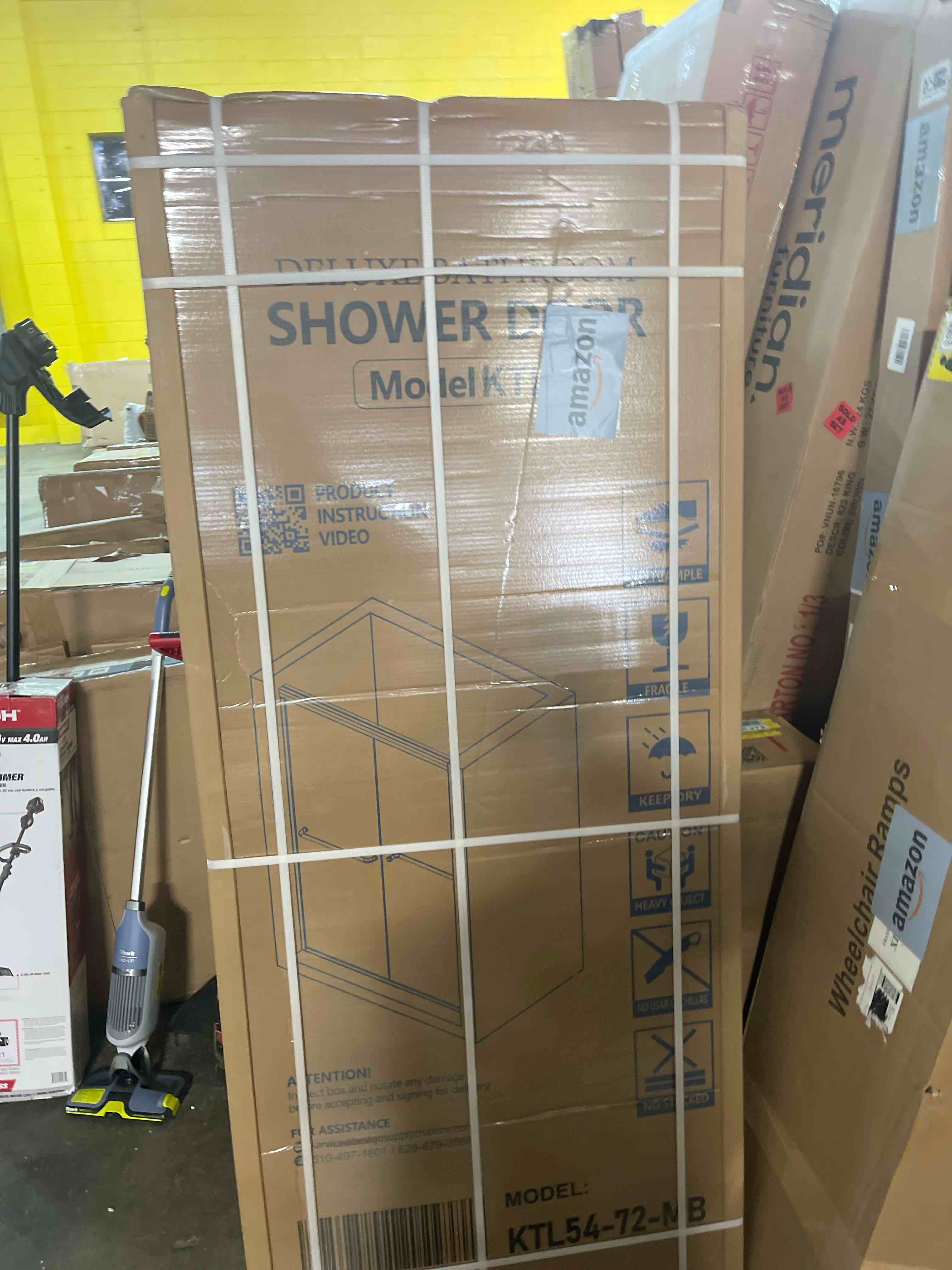 Condition photo showing As Is for Double Sliding Shower Door, 55"-60" W x 70" H Semi-Frameless Glass Shower Door, 1/4'' (6mm) Clear SGCC Tempered Glass with Explosion-Proof Film and Nano Coating, Matte Black