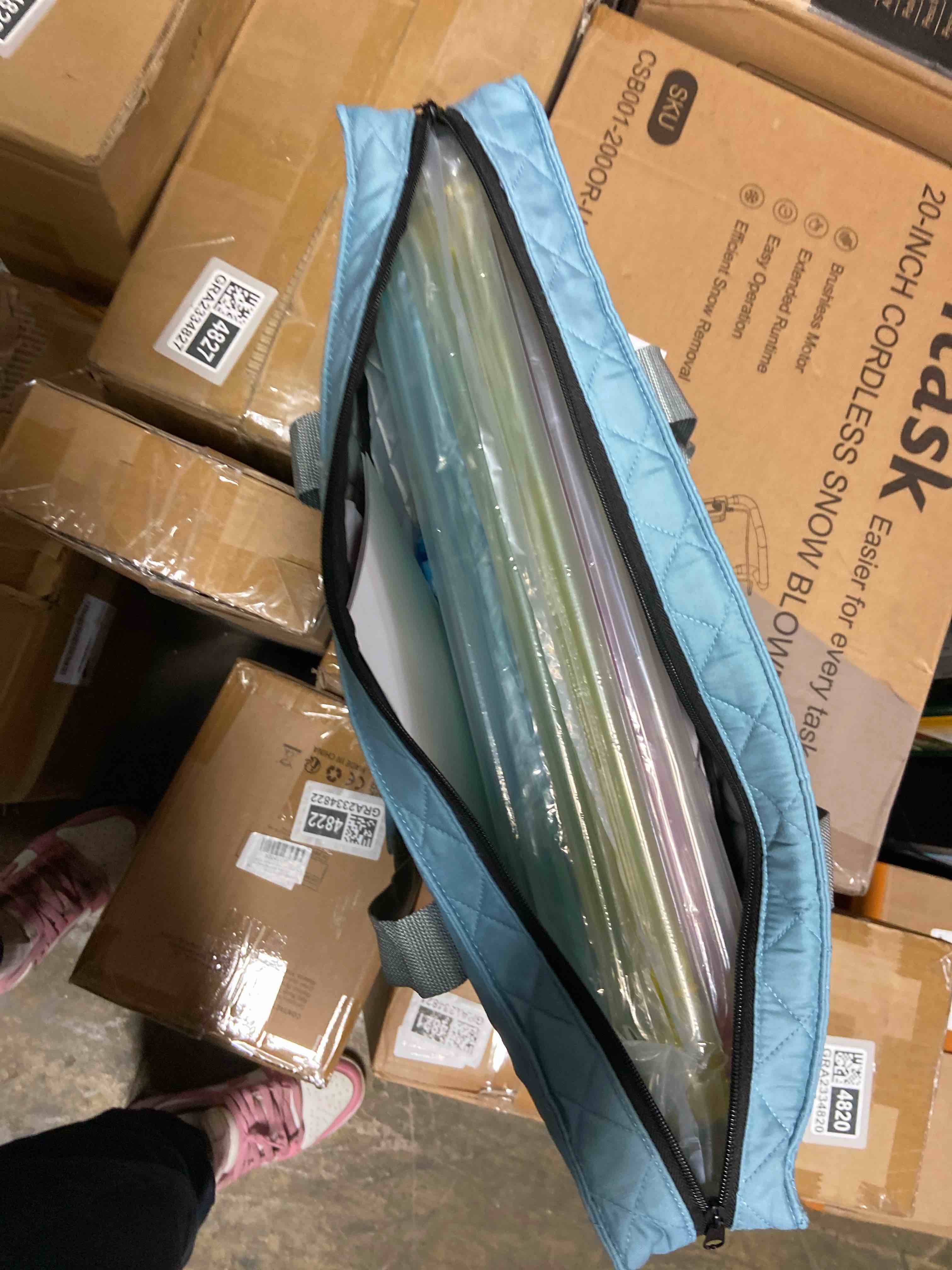 Condition photo showing New/Like New for American Mahjong Game Set - Pearl Gray Quilted Soft Bag - 166 White Engraved Tiles, 4 All-in-One Rack/Pushers Complete Western Mah-Jongg, Maj Jongg, Ma Jong Set Mahjong Game Set With Gray Case