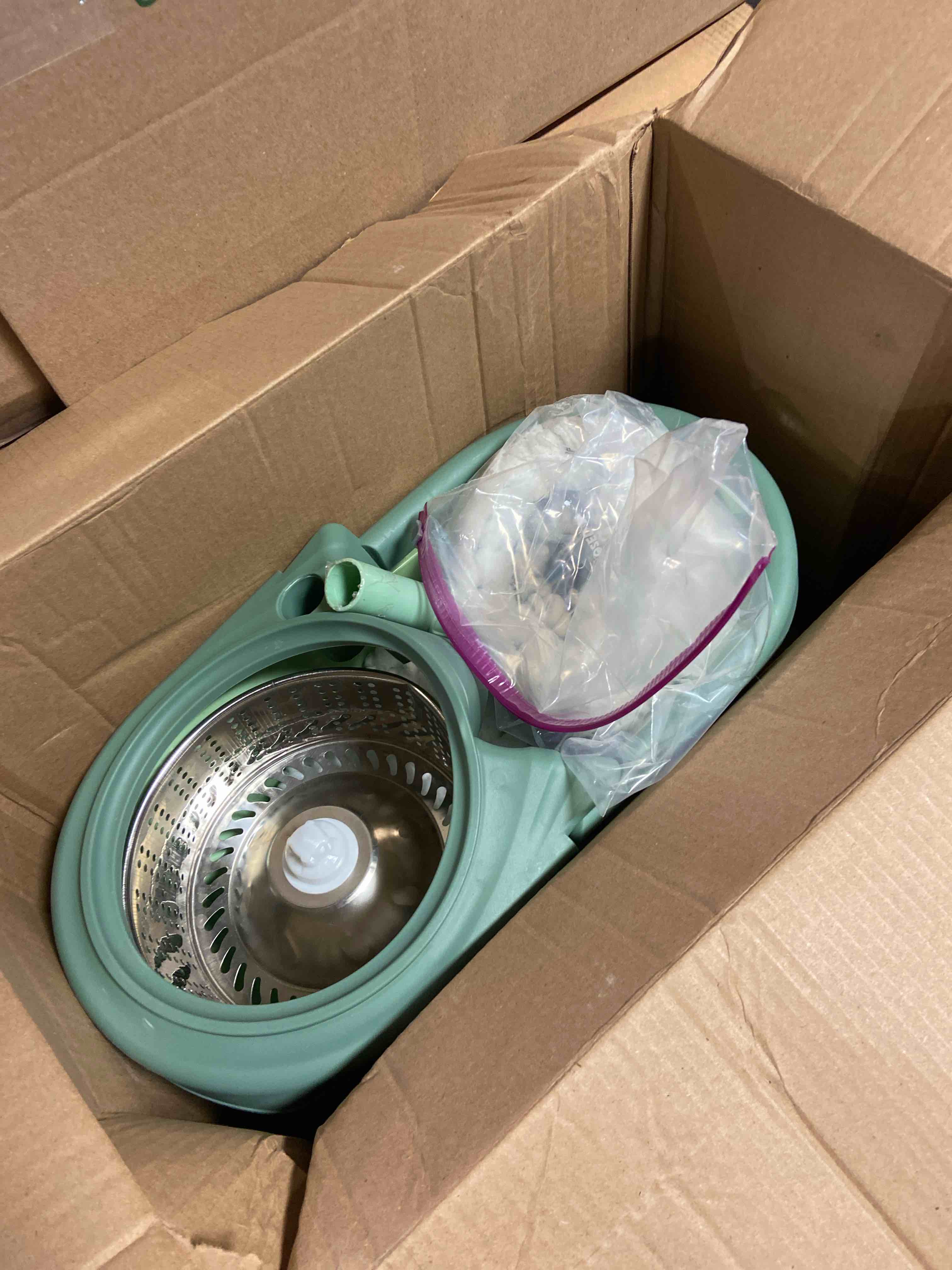 Condition photo showing As Is for Heavy-Duty Spin Mop and Bucket with Wringer Set, Steel Wringing Basket & Oversized Wheels, 360° Cleaning System with Adjustable Handle, Includes Scrubber Brushes for Hardwood Tile Floors.