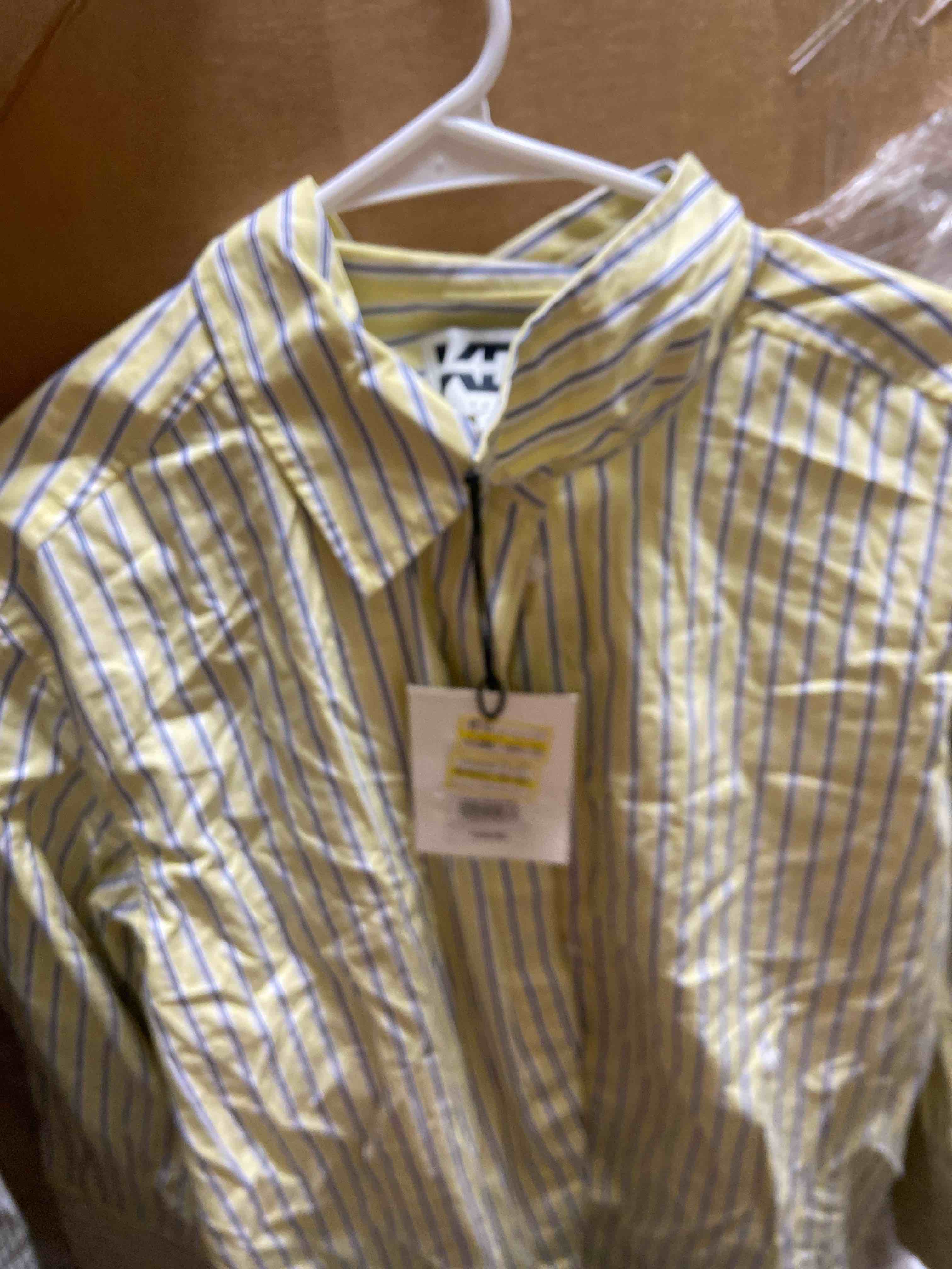 Condition photo showing New/Like New for kbb by kahlana women's long sleeve button-down 'the wrap shirt' - yellow striped xs