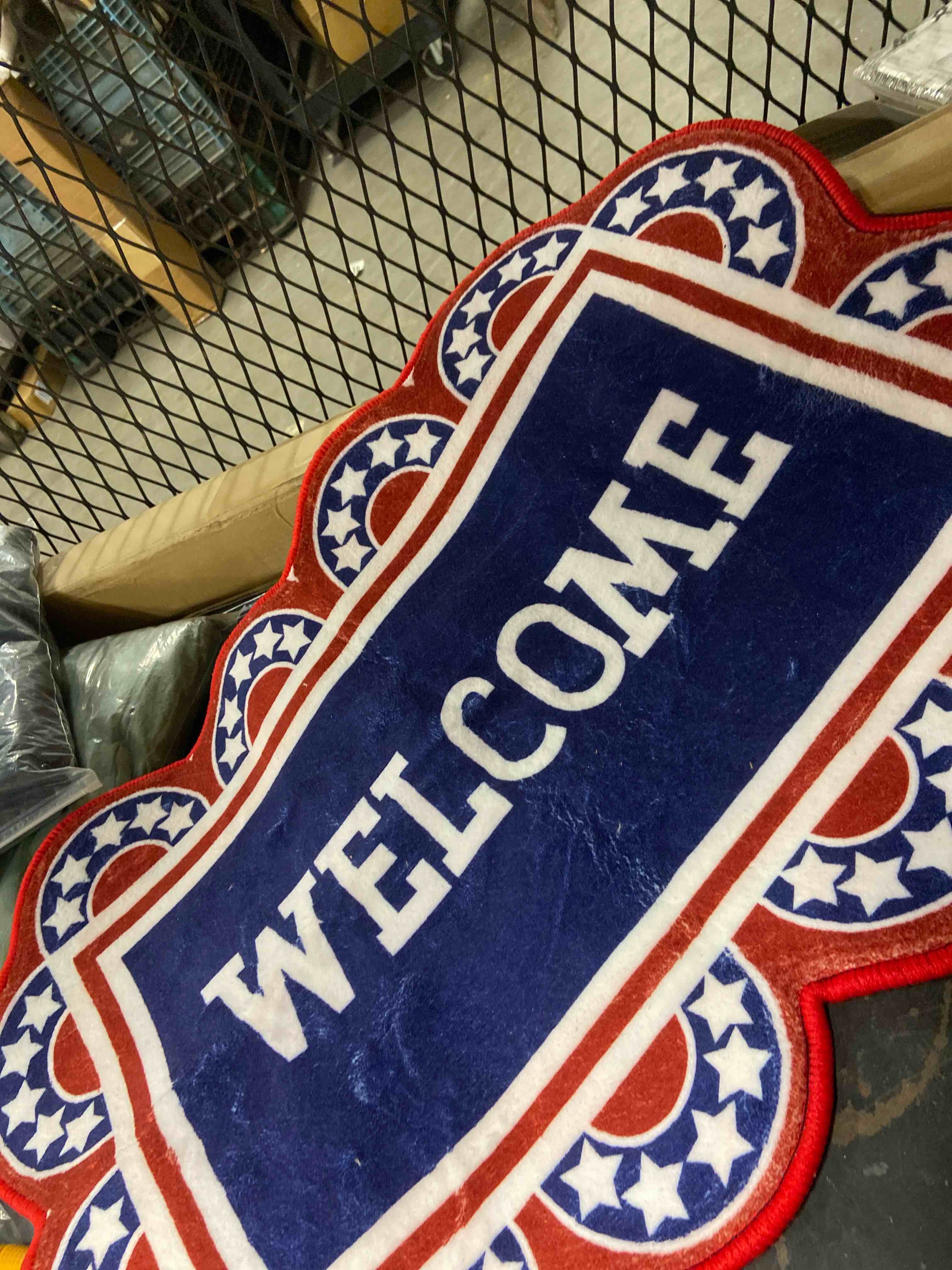 Condition photo showing New/Like New for 24x16 inch patriotic welcome door mats with scalloped border 4th of july red white blue star entry rug non slip absorbent floor mat farmhouse home decor for front door independence day