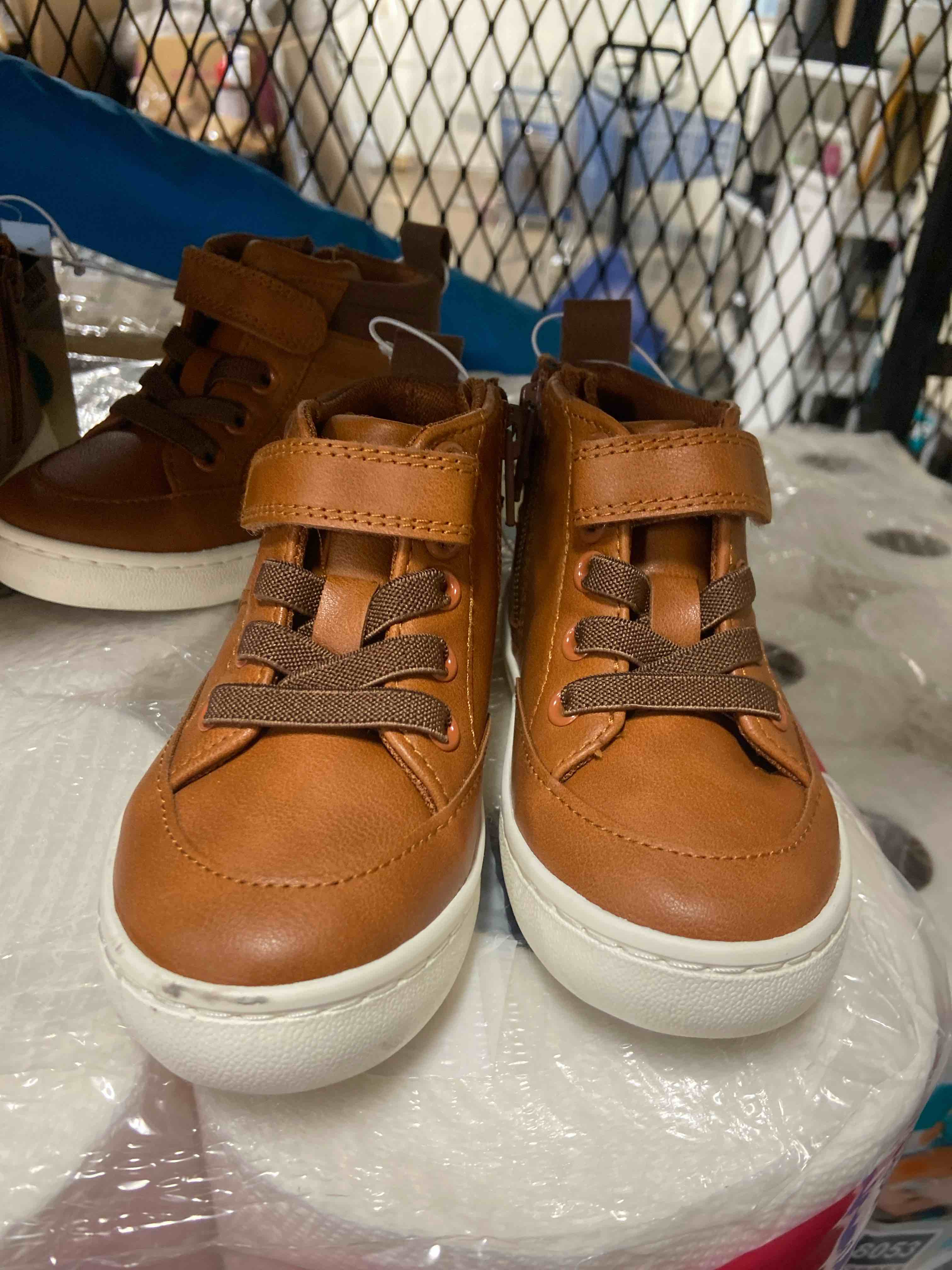 Condition photo showing New/Like New for toddler aidan sneaker boots - cat & jack™ cognac 7t: zipper, hook & loop, padded collar