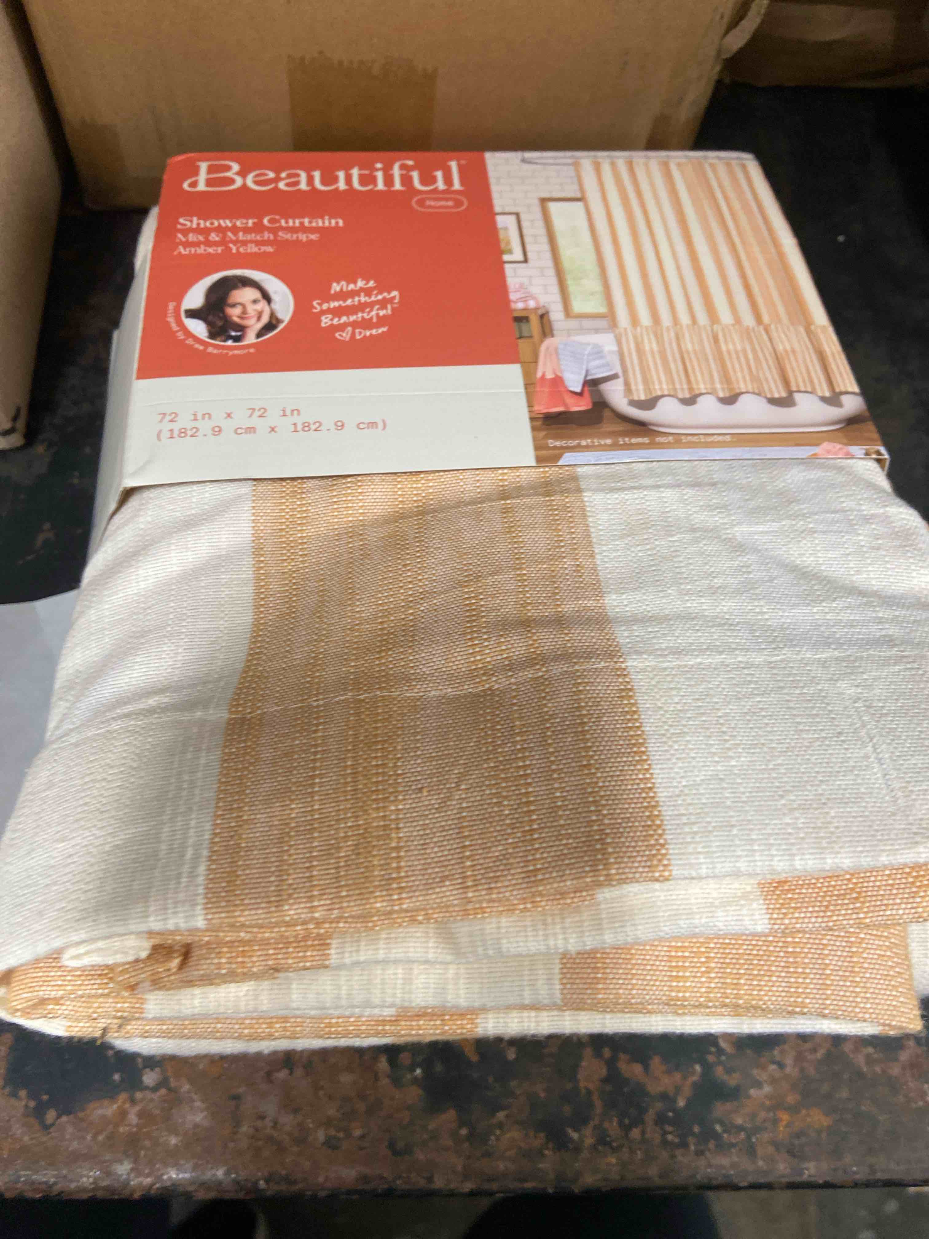 Condition photo showing New/Like New for beautiful amber yellow mix & match stripe shower curtain by drew barrymore cotton & polyester 72 x 72