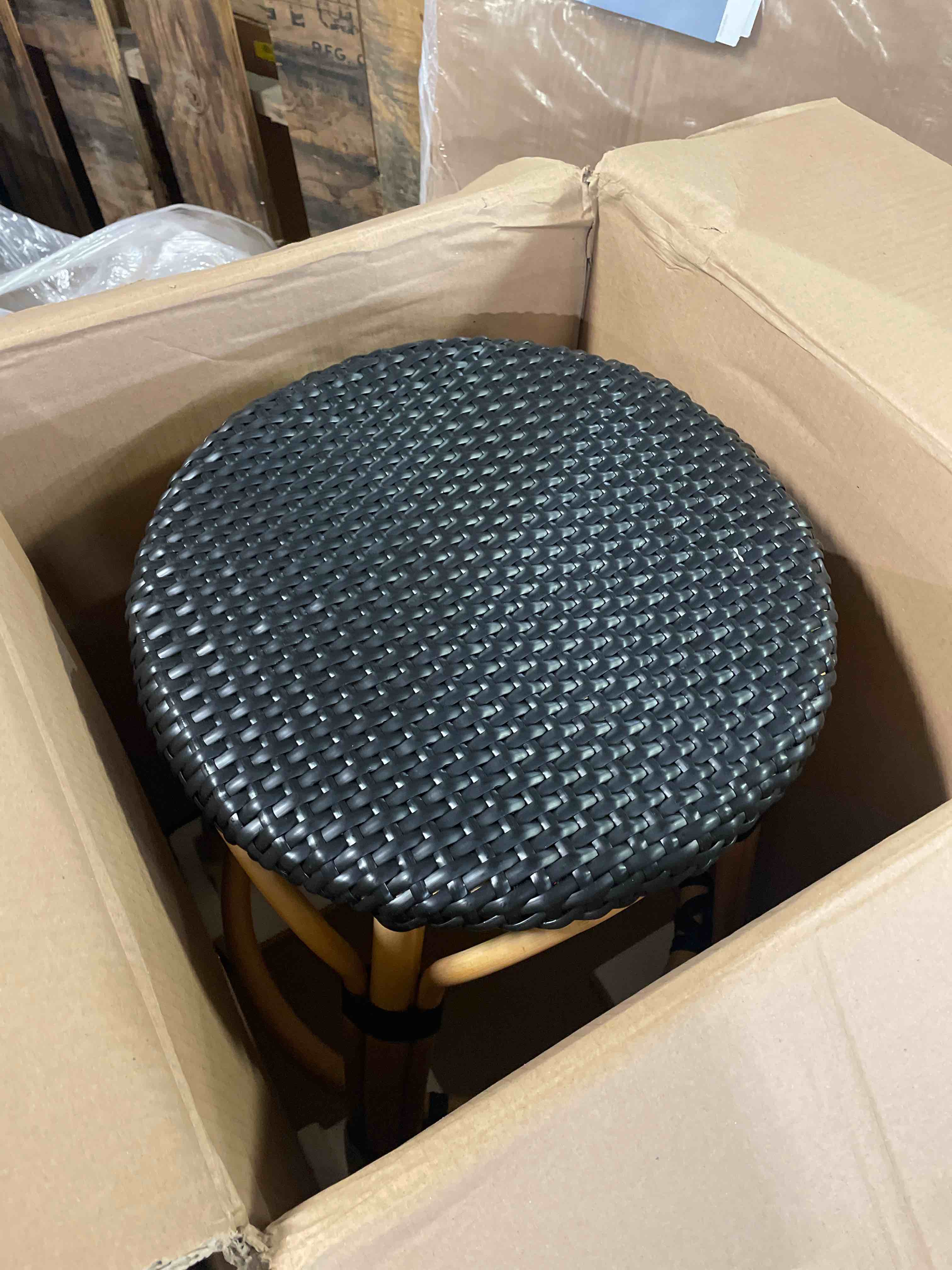 Condition photo showing New/Like New for wicker counter stools, rattan frames with easy clean resin wicker seats, lila style natural-solid black top-special pricing
