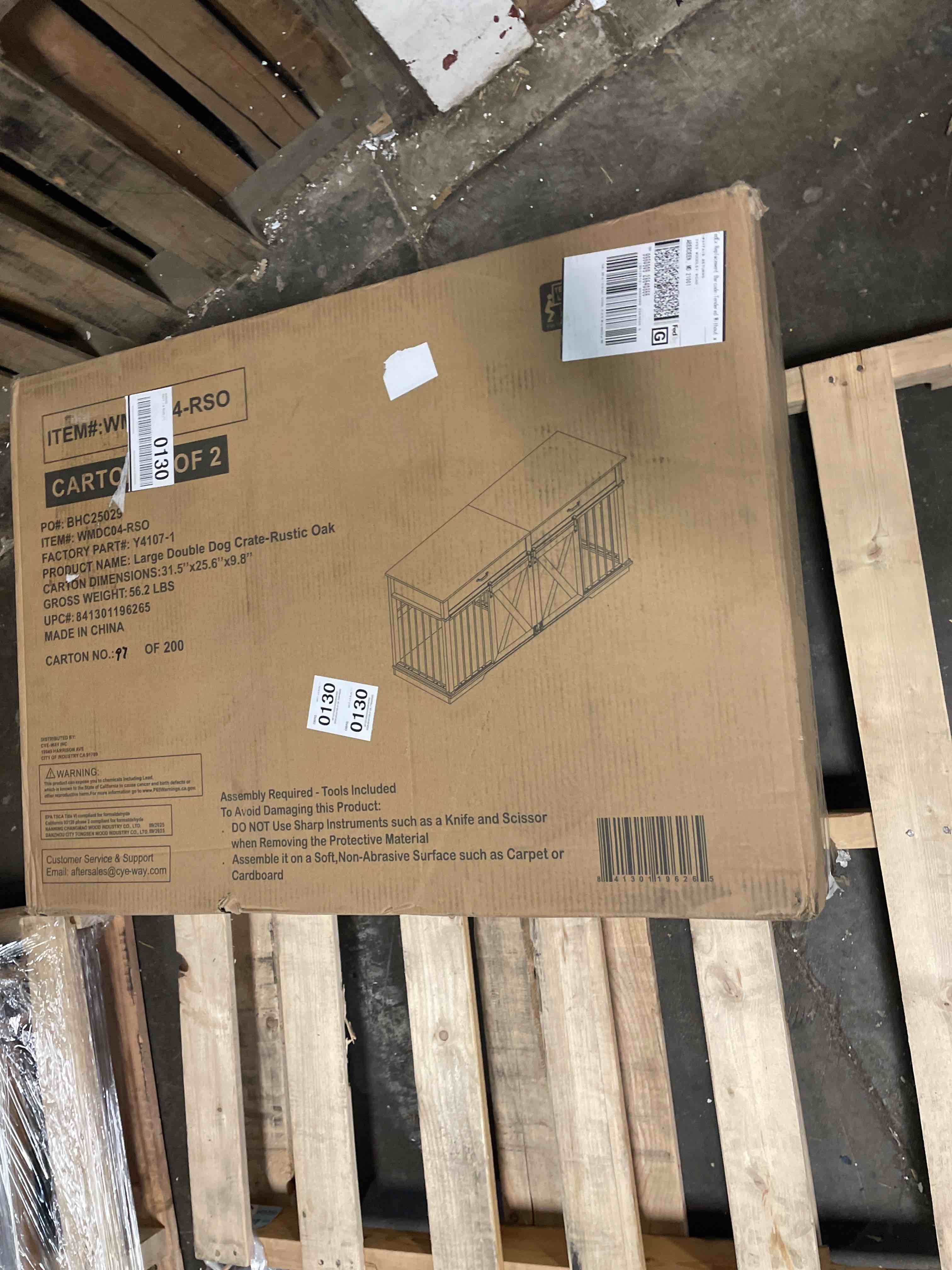 Condition photo showing As Is for 71'' double dog crate furniture for 2 dogs, dog crate with 2 drawer, farmhouse dog crate with removable divider dog kennel furniture, heavy duty dog cage and tv stand for large medium dogs (only one side )