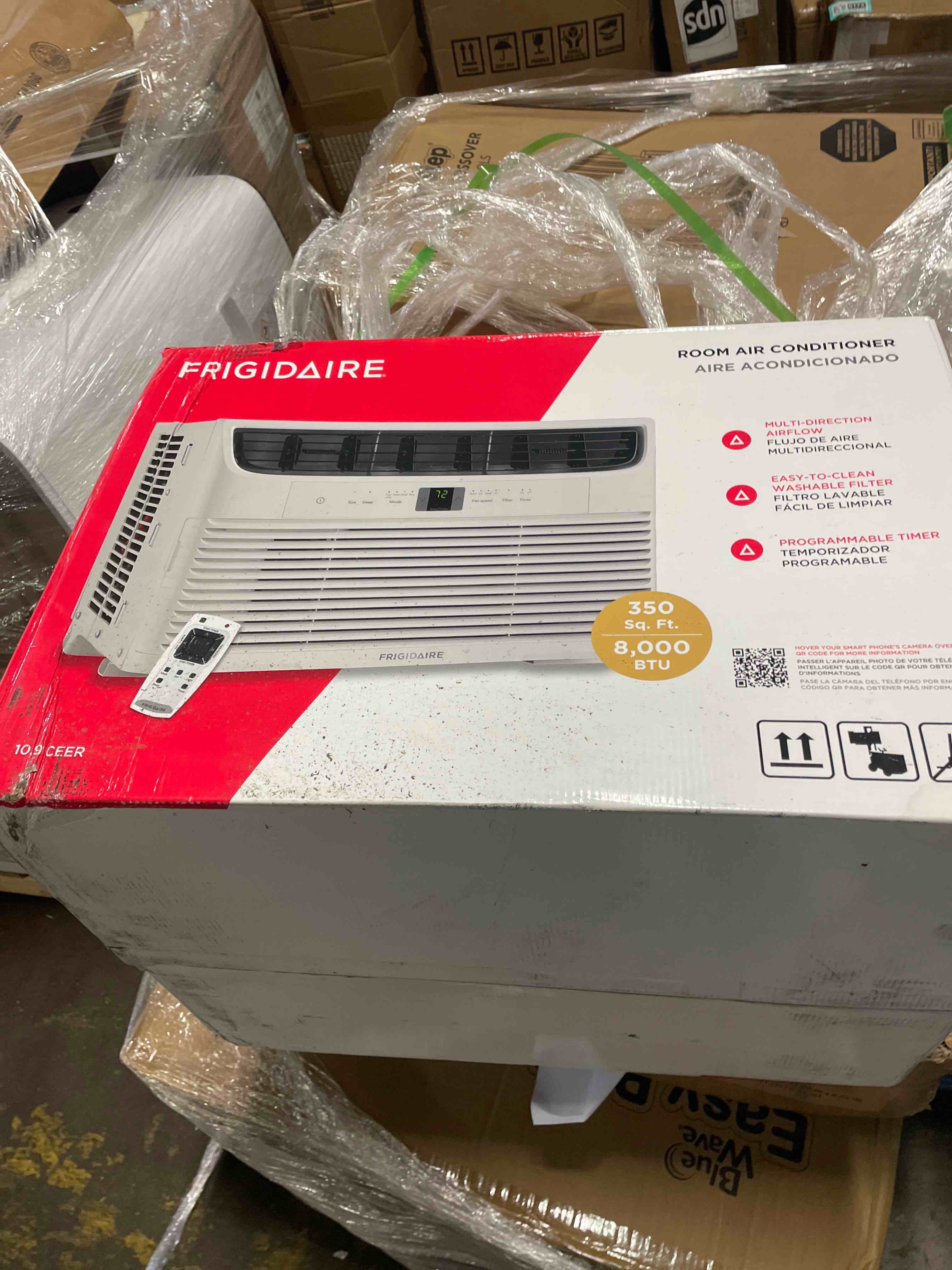 Condition photo showing As Is for frigidaire 8,000 btu window air conditioner with remote control, cools up to 350 sq. ft., quiet operation, eco mode, 3 fan speeds, auto restart, white