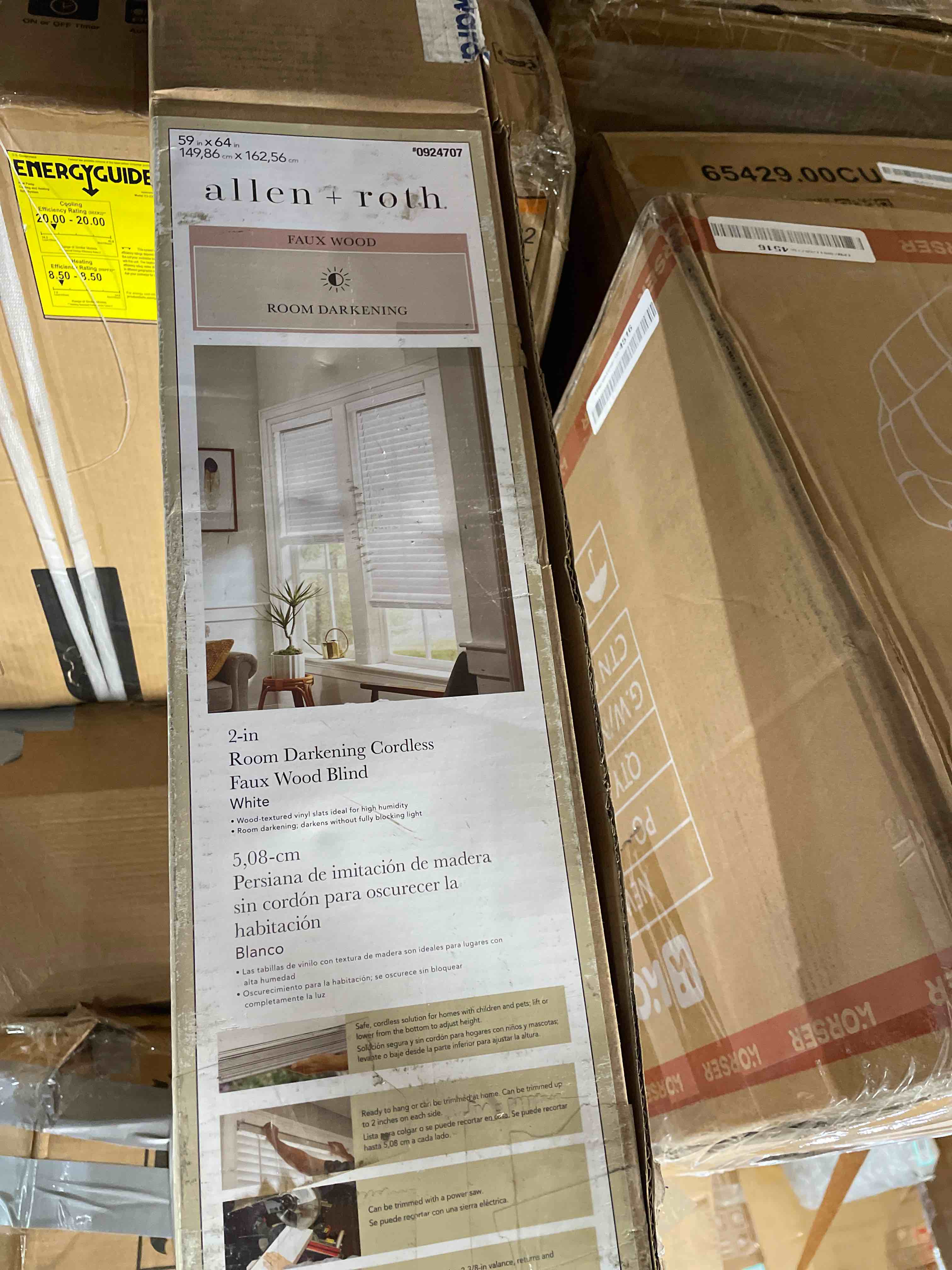 Condition photo showing As Is for allen + roth trim at home 2-in slat width 59-in x 64-in cordless white faux wood room darkening horizontal blinds