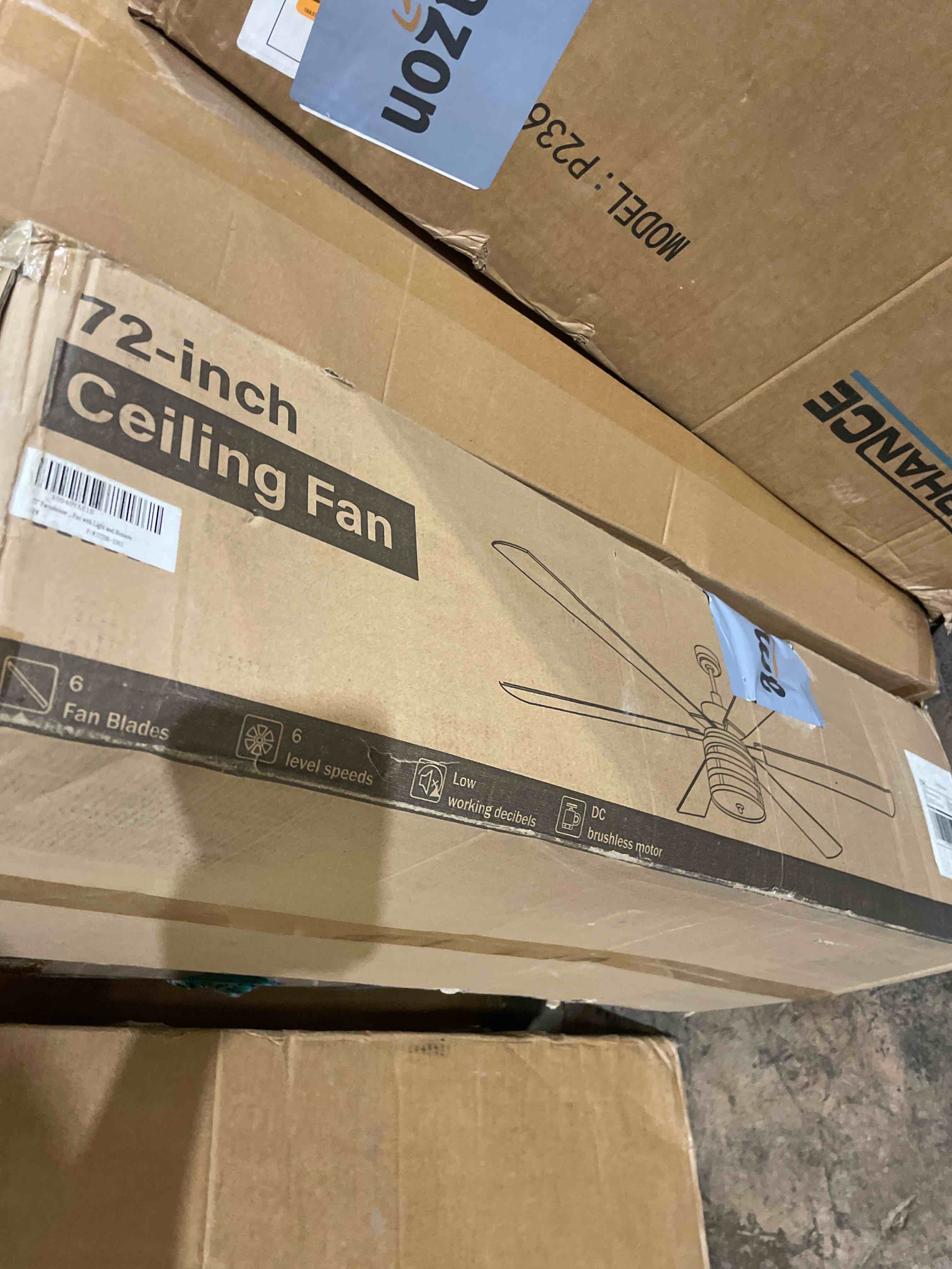 Condition photo showing As Is for 72" farmhouse ceiling fans with lights and remote,industrial large ceiling fan with 6-speed reversible dc motor and 6 dual finish blades,black ceiling fan with light for living bedroom patio black 72 inch