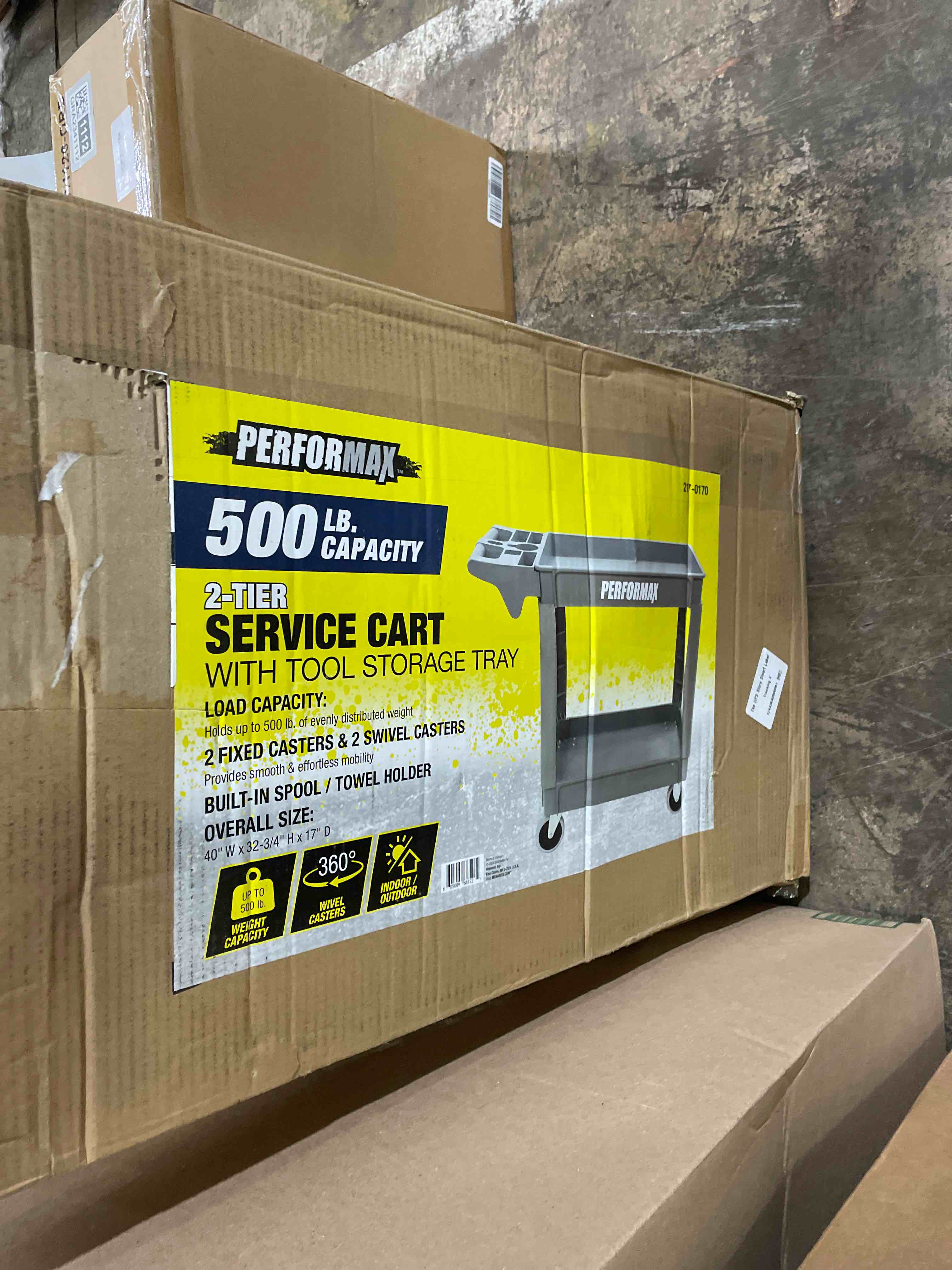 Condition photo showing New/Like New for maxworks heavy duty 2?shelf service cart 500 lb capacity polypropylene utility cart with 5" non?marring casters deep trays and built?in tool storage for garage warehouse workshop (80855)