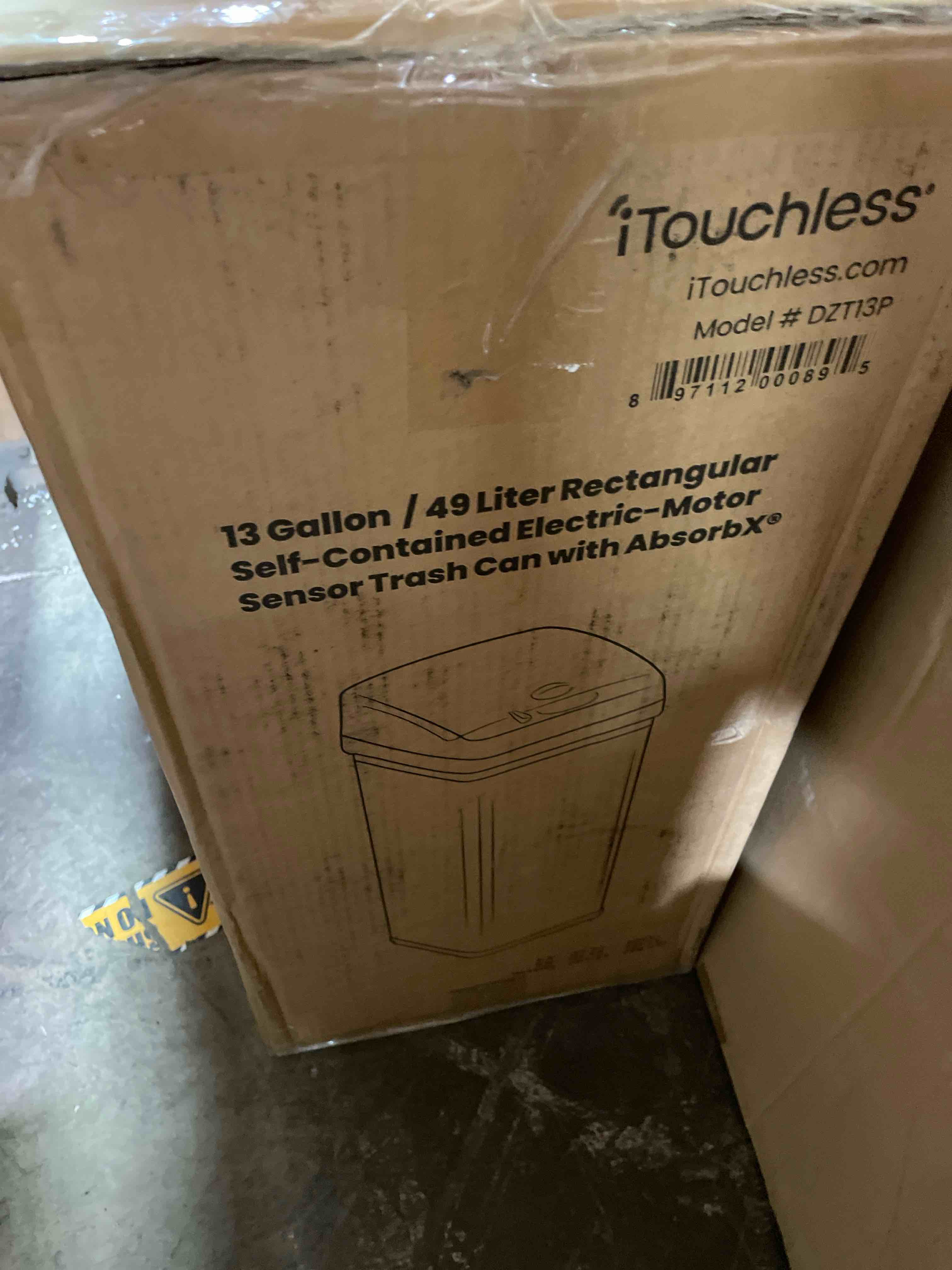 Condition photo showing New/Like New for itouchless 13 gallon sensor trash can with lid | pet lock and odor filter brushed silver