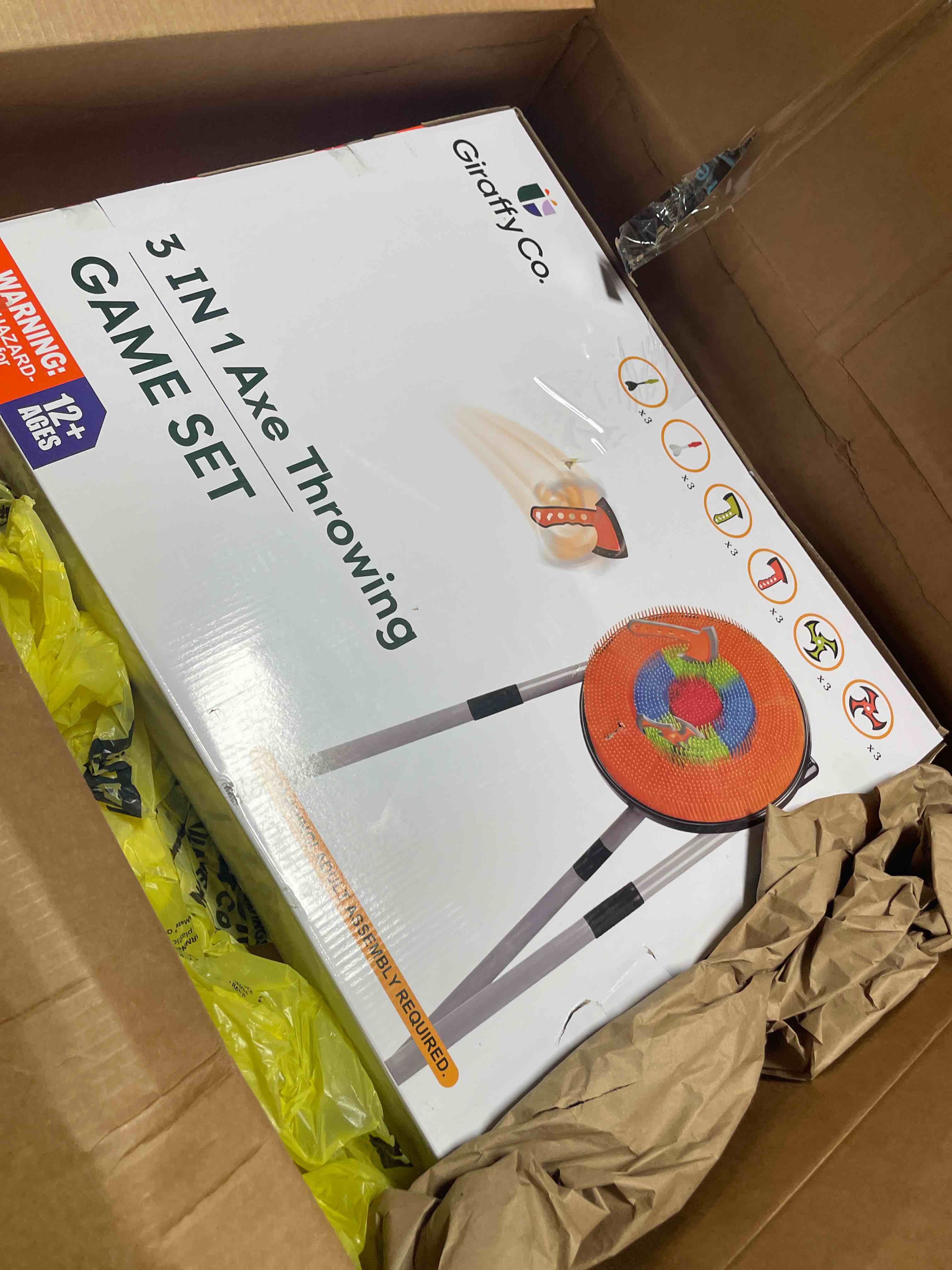 Condition photo showing Good Condition for costzon axe throwing target game for backyard, 4 in 1 kids throwing game w/5 arrows, 3 throwing axes, 3 ninja darts, 3 darts, bristle target & a bow -boys & girls indoor outdoor carnival game gifts