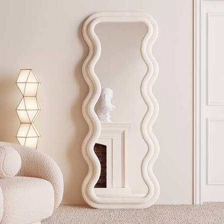 Full Length Mirror 63"X24", Irregular Wavy Mirror, Arched Floor Mirror, Wall Mirror Standing Hanging Or Leaning Against Wall For Bedroom, Flannel Wrapped Wooden Frame Mirror