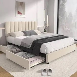 Huntsville Bed Frame with 4 Storage Drawers Velvet Upholstered Platform Bed Adjustable Headboard