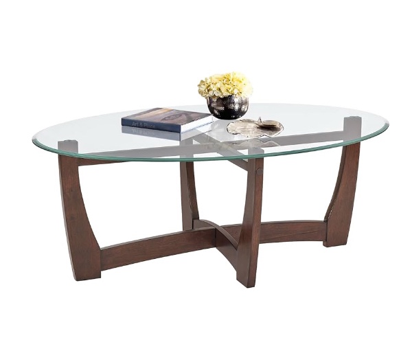 triangle glass coffee table with wooden base clear glass top mid-century abstract glass table