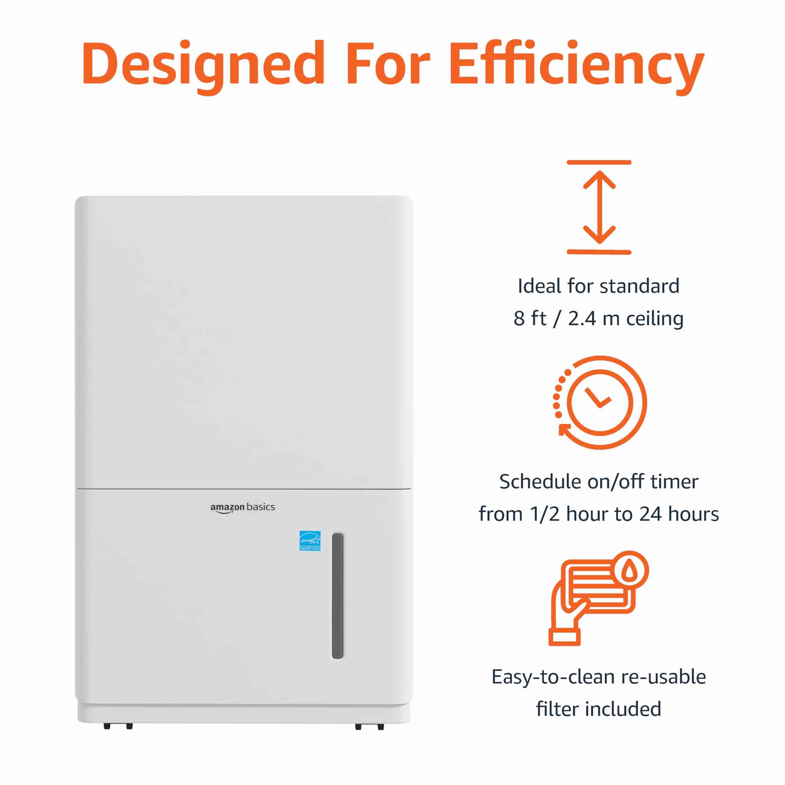 amazon basics large dehumidifier for rooms, energy star certified, effectively reduces humidity, with continuous drain pump, timer, auto-defrost, overflow protection, up to 4000 sft, 50 pint, white