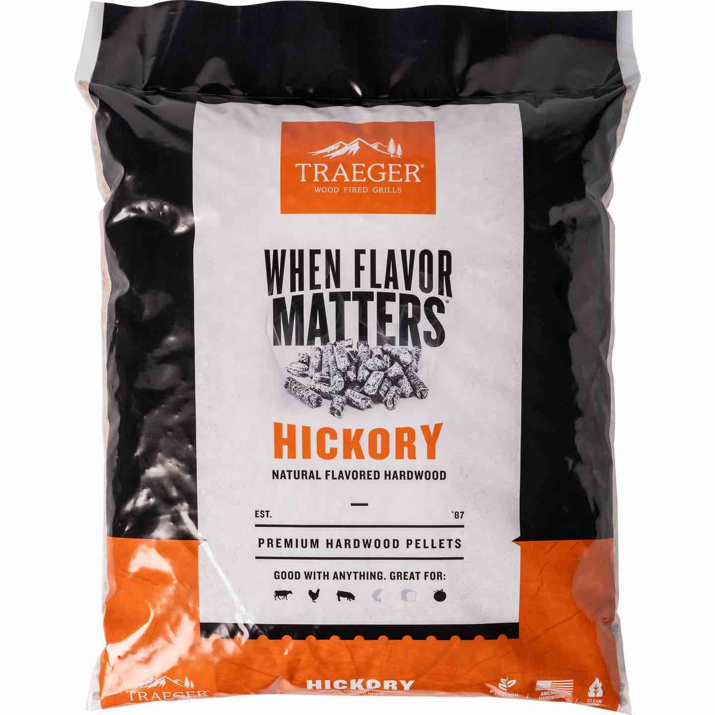 Traeger Hickory pellets are great for naturally enhancing Beef, Chicken, Pork, and Veggies with full-bodied, bold flavor. No wonder it is staple in BBQ