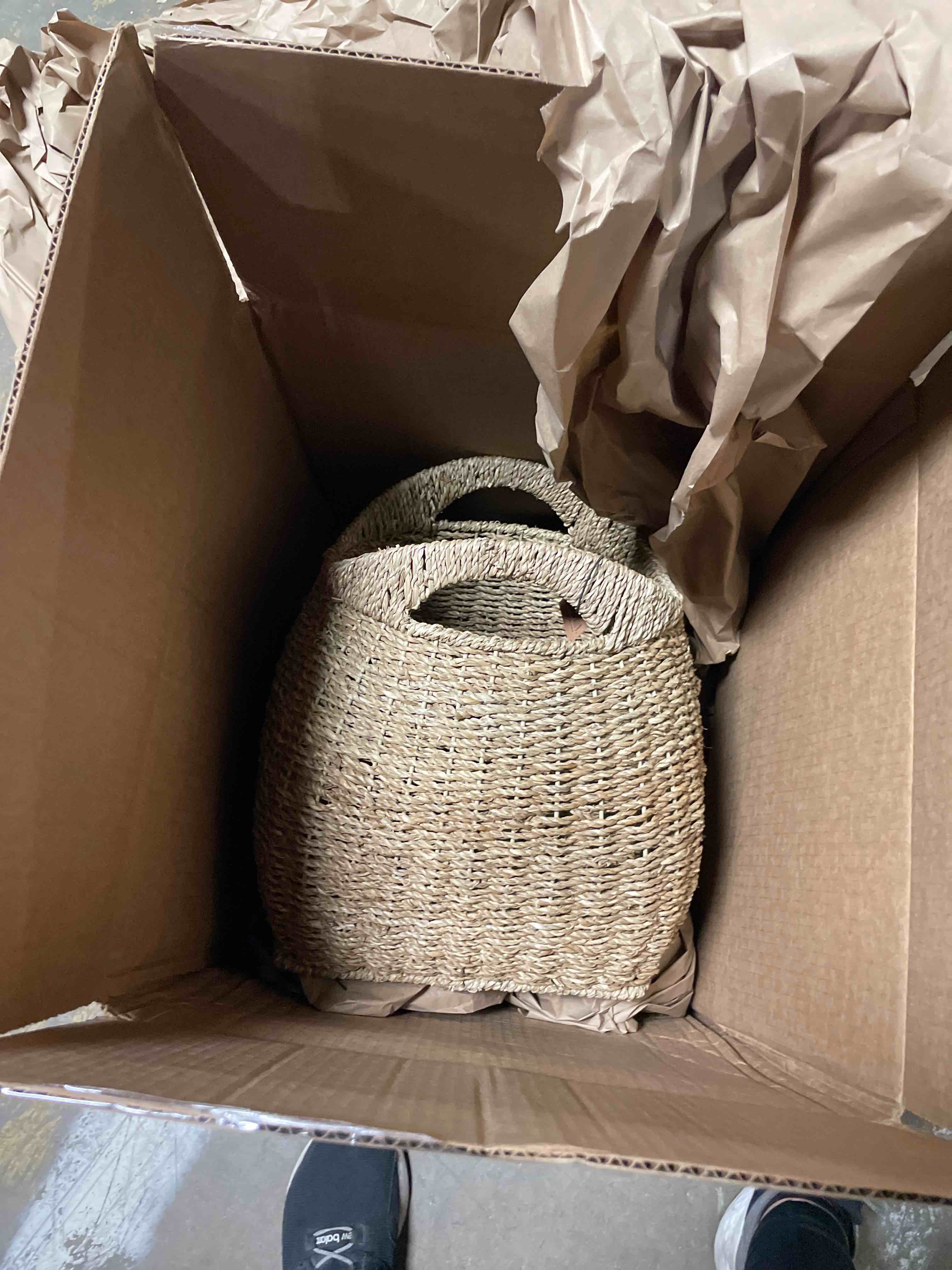 Condition photo showing New/Like New for household essentials handled seagrass basket decorative storage organizer with sturdy metal frame, brown finish