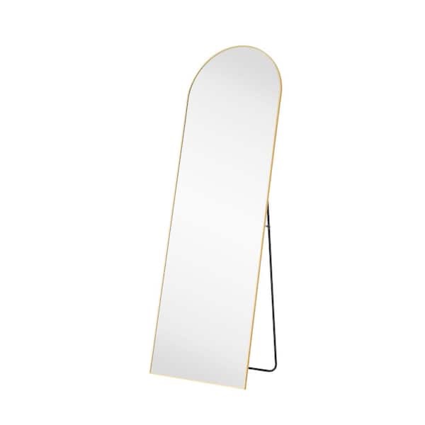 21 in. w x 64 in. h aluminium alloy frame gold arched floor mirror with floor stand and wall mounted hooks