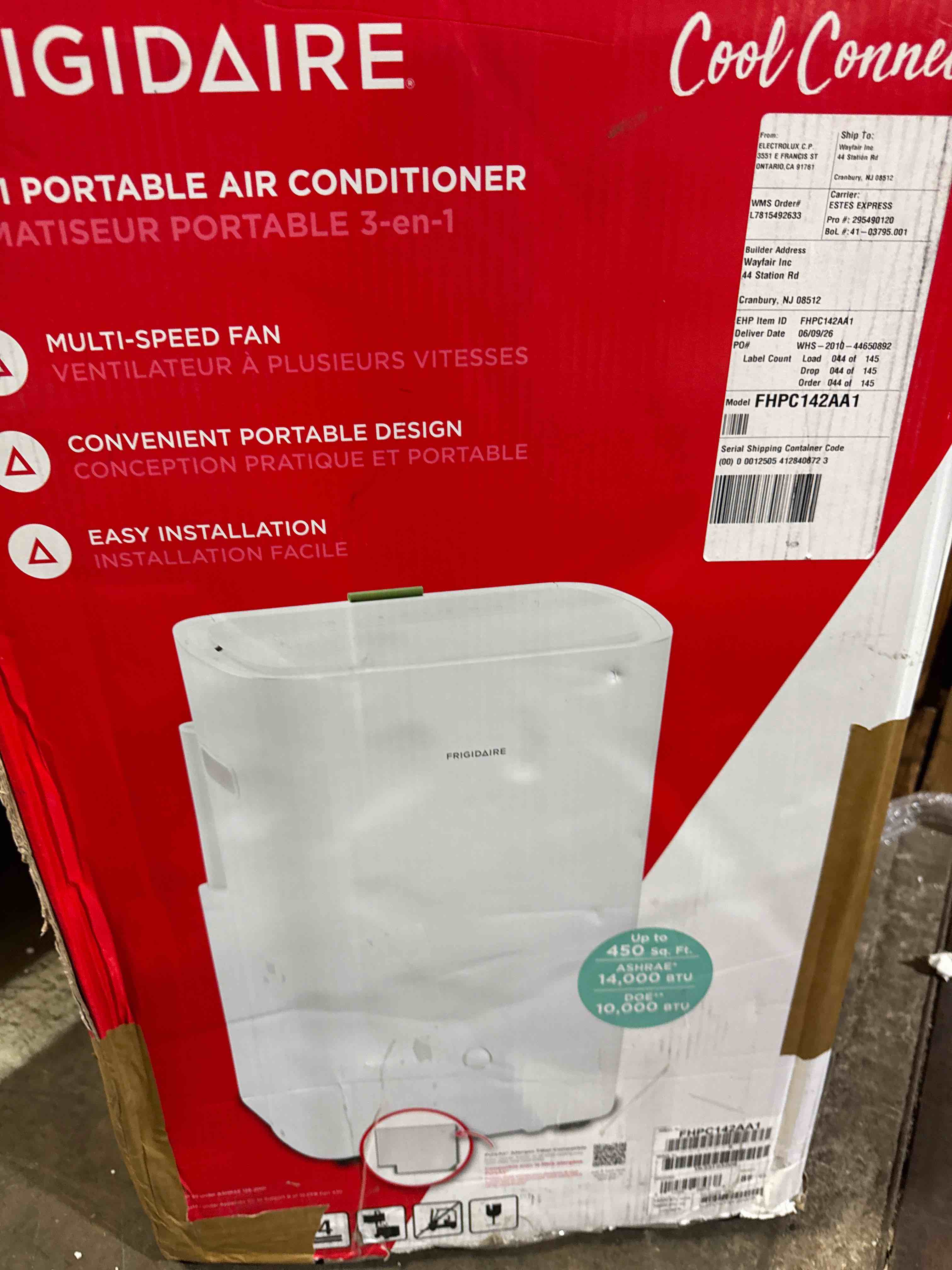 Condition photo showing As Is for frigidaire 14k heat/cool portable w/wifi 14k portable heat/cool