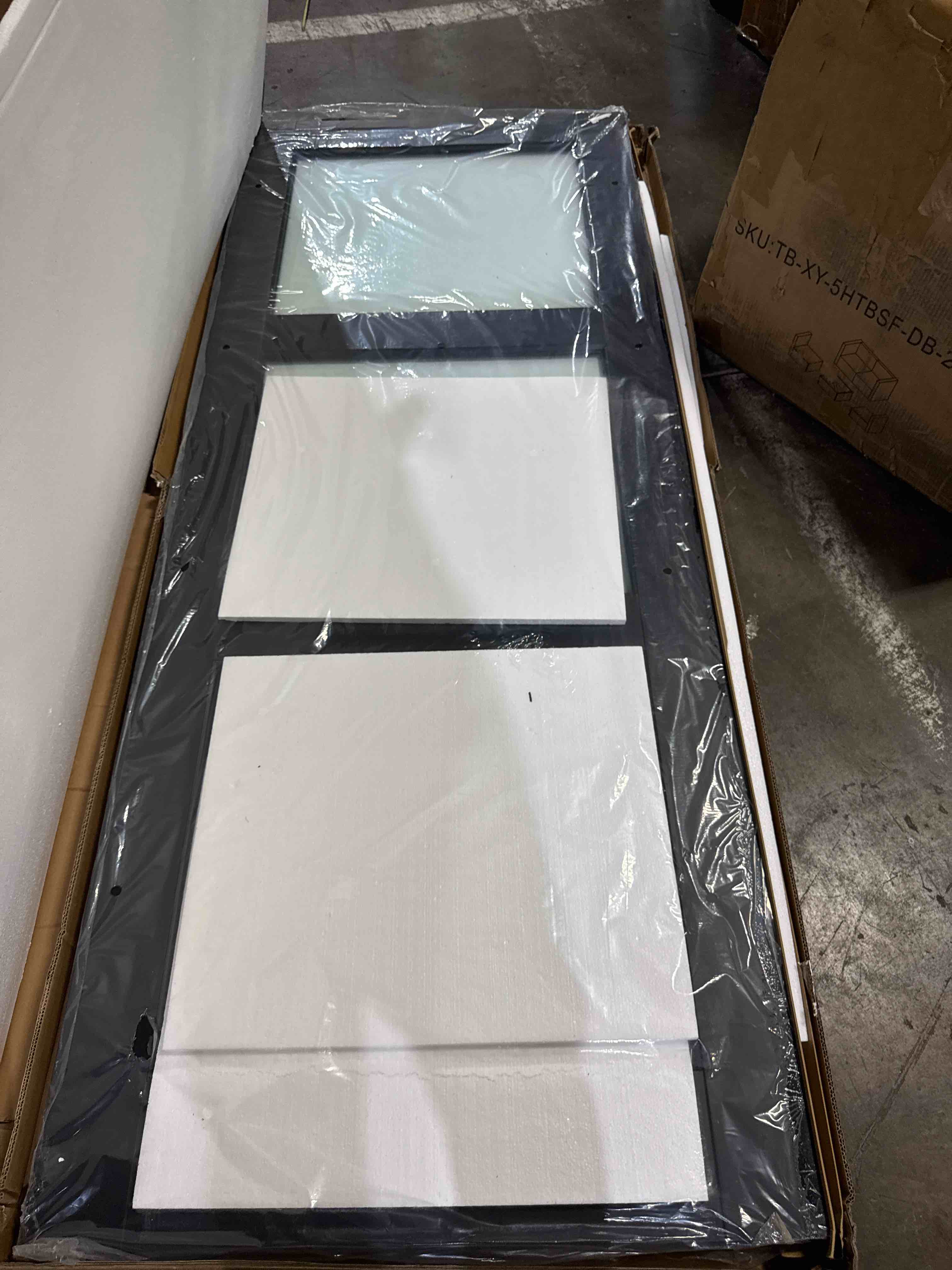 Condition photo showing New/Like New for 24" x 80" interior door, 3-lite clear glass pantry door with black door lever, single slab door panel for closet & bedroom, classic style as prehung, pocket, bifold, barn doors