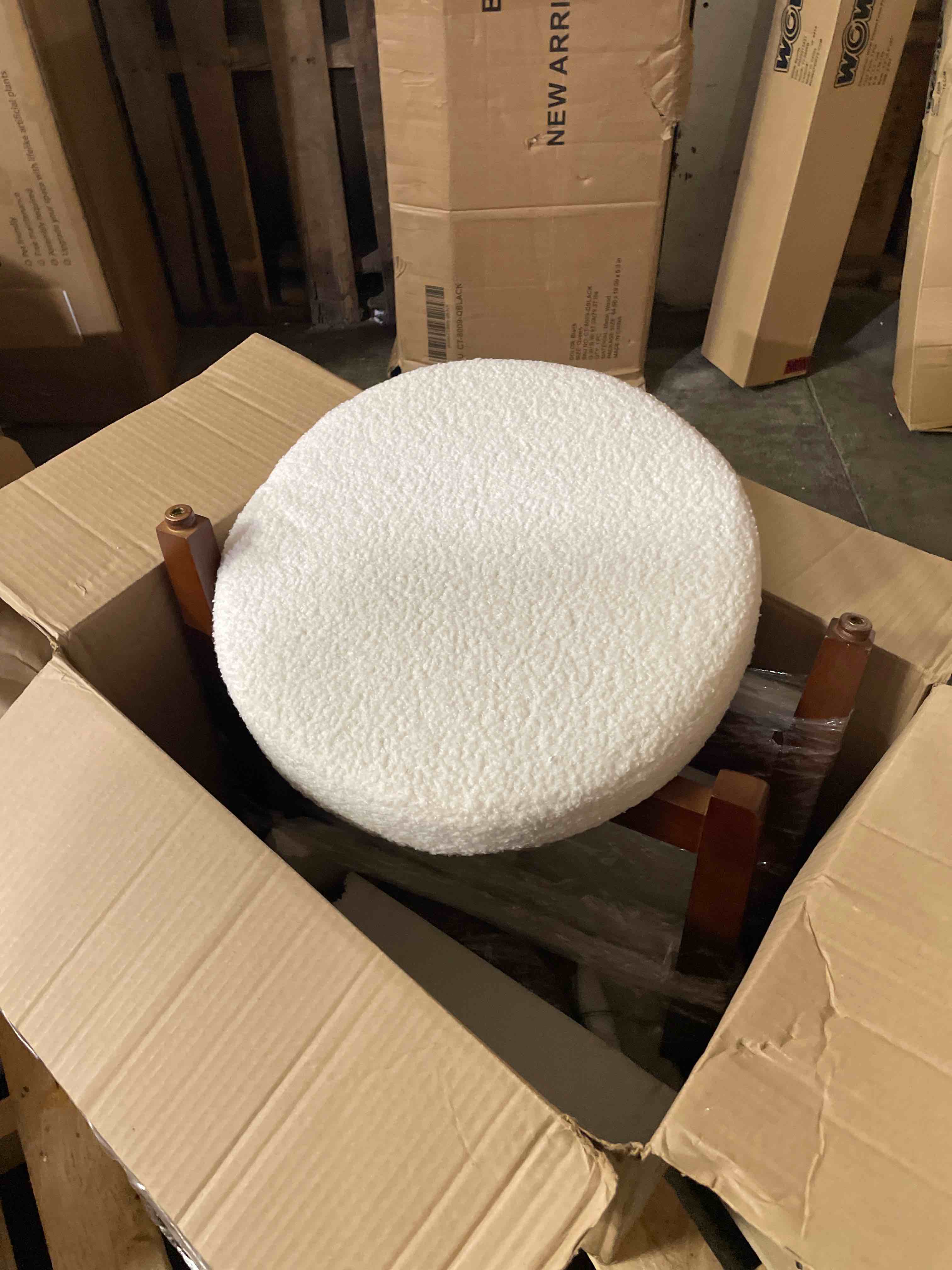 Condition photo showing As Is for hny modern boucle ottoman : upholstered vanity chair with solid wood legs, cute round footrest for bedroom & living room, white