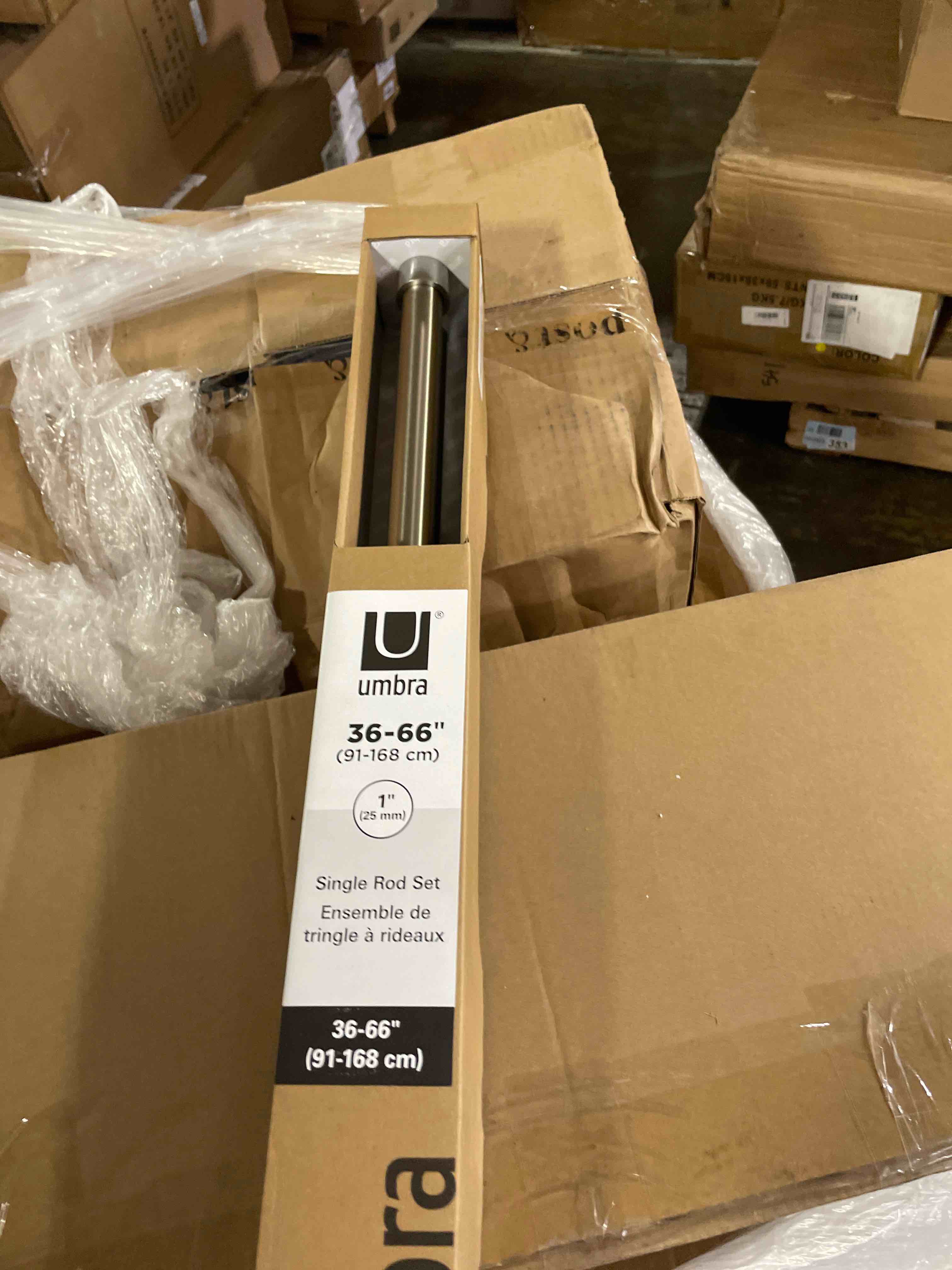 Condition photo showing New/Like New for umbra cappa modern 1" curtain rod, includes 2 matching finials, brackets & hardware, nickel