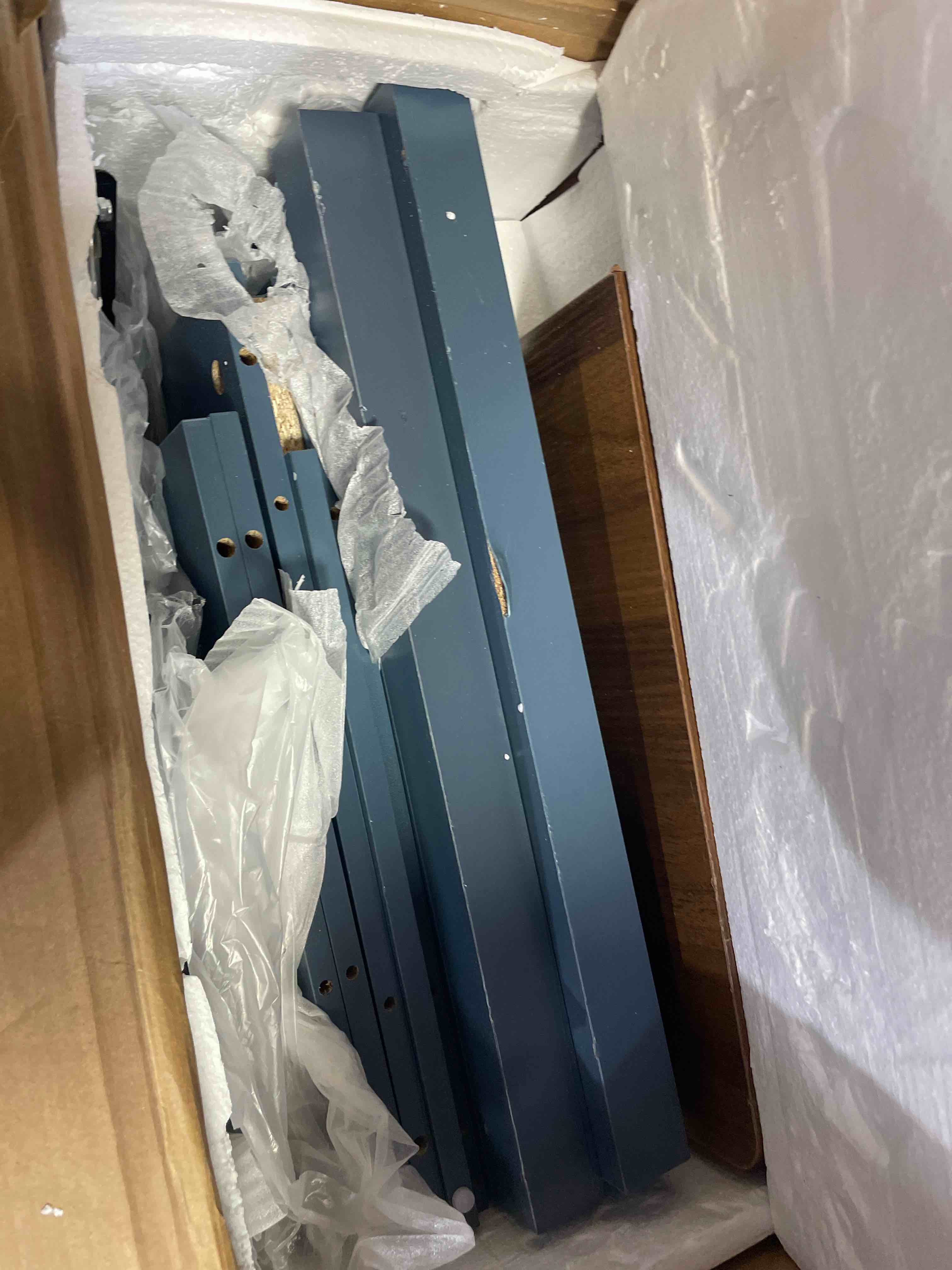 Condition photo showing As Is for farmhouse coffee table with hidden storage organizer, modern square large center table, wood farm house low navy blue living room tables with hinged lift top for home, office